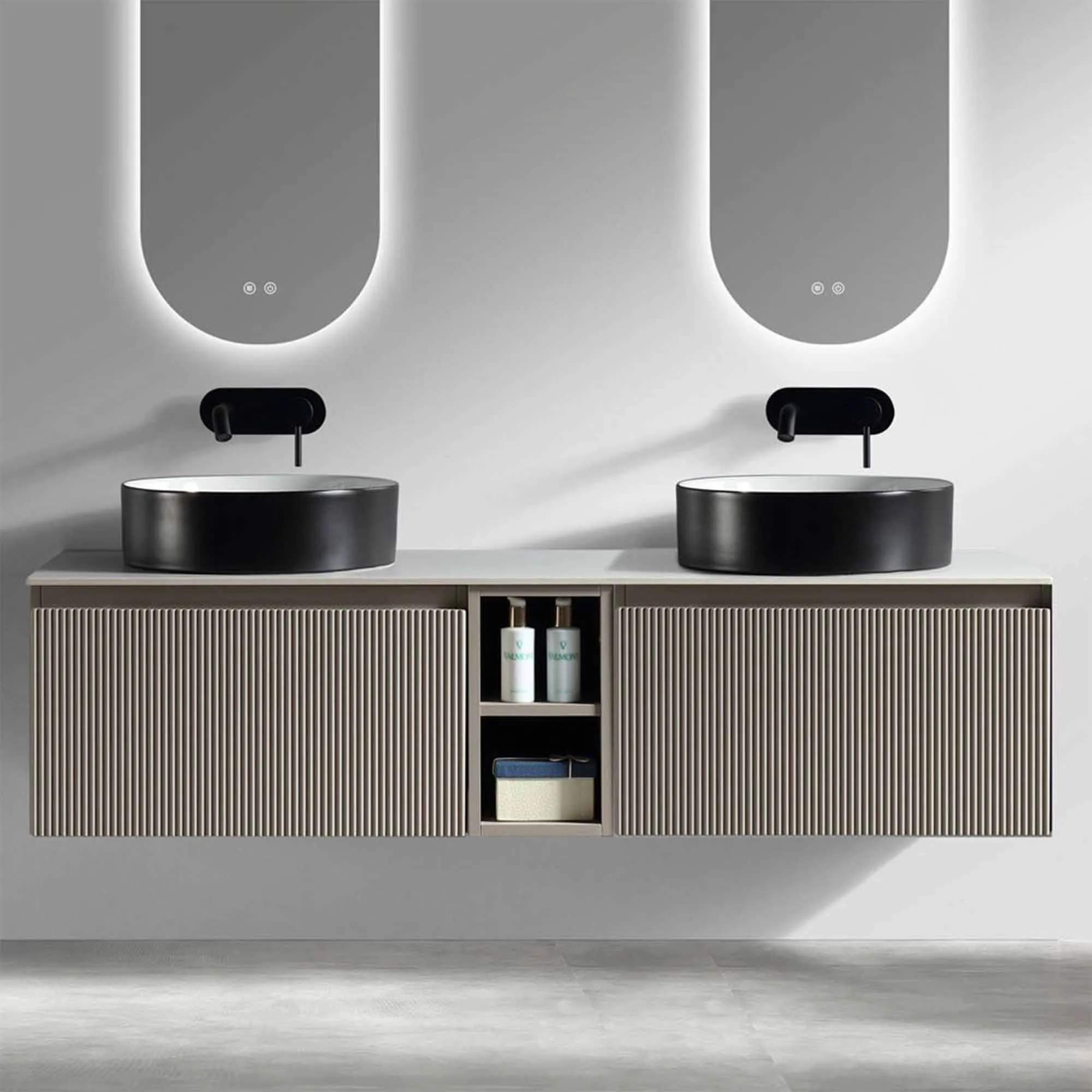 Florence Fluted 1400 Wall Mounted Vanity Unit With Worktop and Open Shelf - Soft Coffee