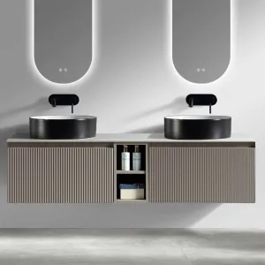 Florence Fluted 1400 Wall Mounted Vanity Unit With Worktop and Open Shelf - Soft Coffee