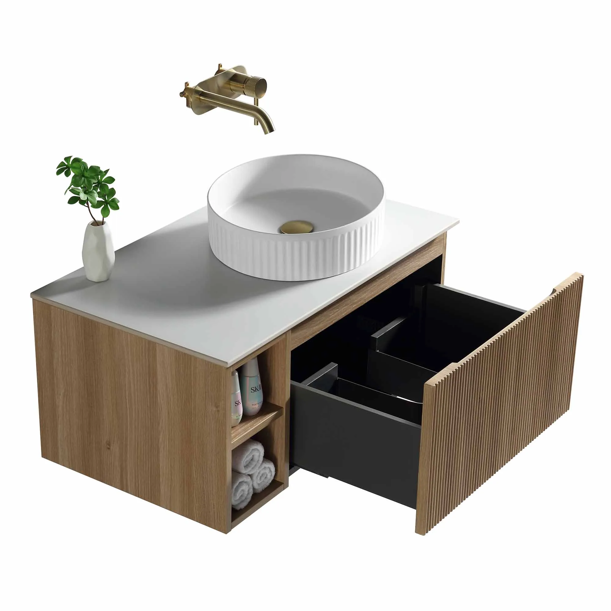 Florence Fluted 800 Wall Mounted Vanity Unit With Worktop and Open Shelf - Country Oak