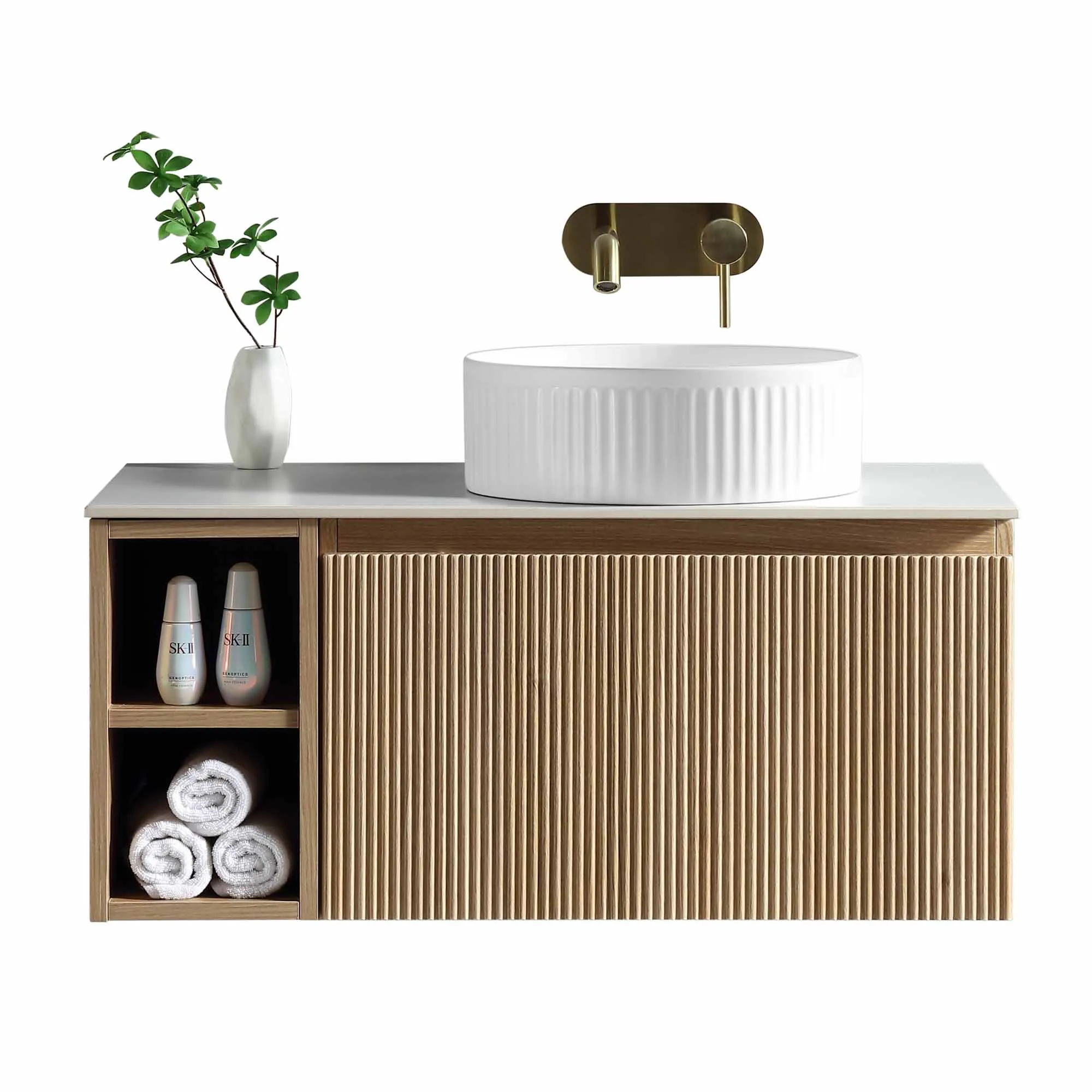 Florence Fluted 800 Wall Mounted Vanity Unit With Worktop and Open Shelf - Country Oak