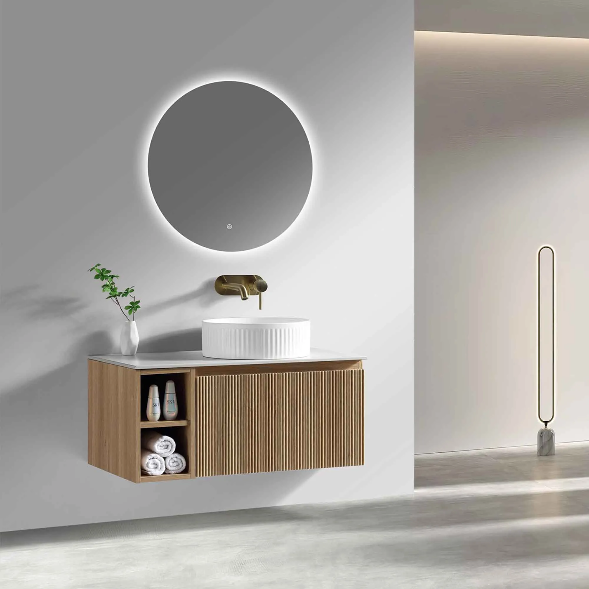 Florence Fluted 800 Wall Mounted Vanity Unit With Worktop and Open Shelf - Country Oak