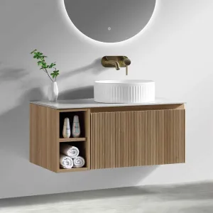 Florence Fluted 800 Wall Mounted Vanity Unit With Worktop and Open Shelf - Country Oak