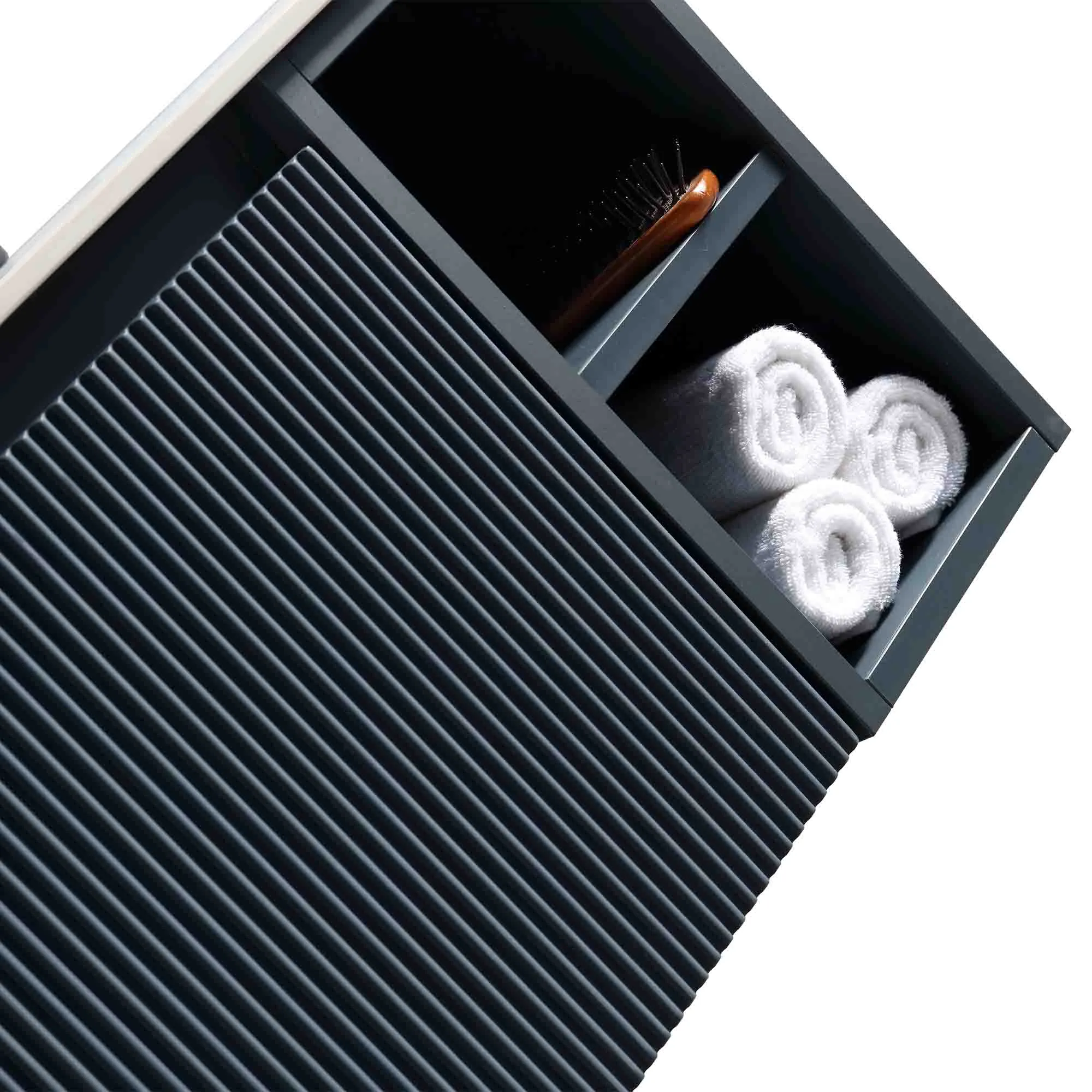Florence Fluted 800 Wall Mounted Vanity Unit With Worktop and Open Shelf - Midnight Shadow