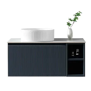 Florence Fluted 800 Wall Mounted Vanity Unit With Worktop and Open Shelf - Midnight Shadow