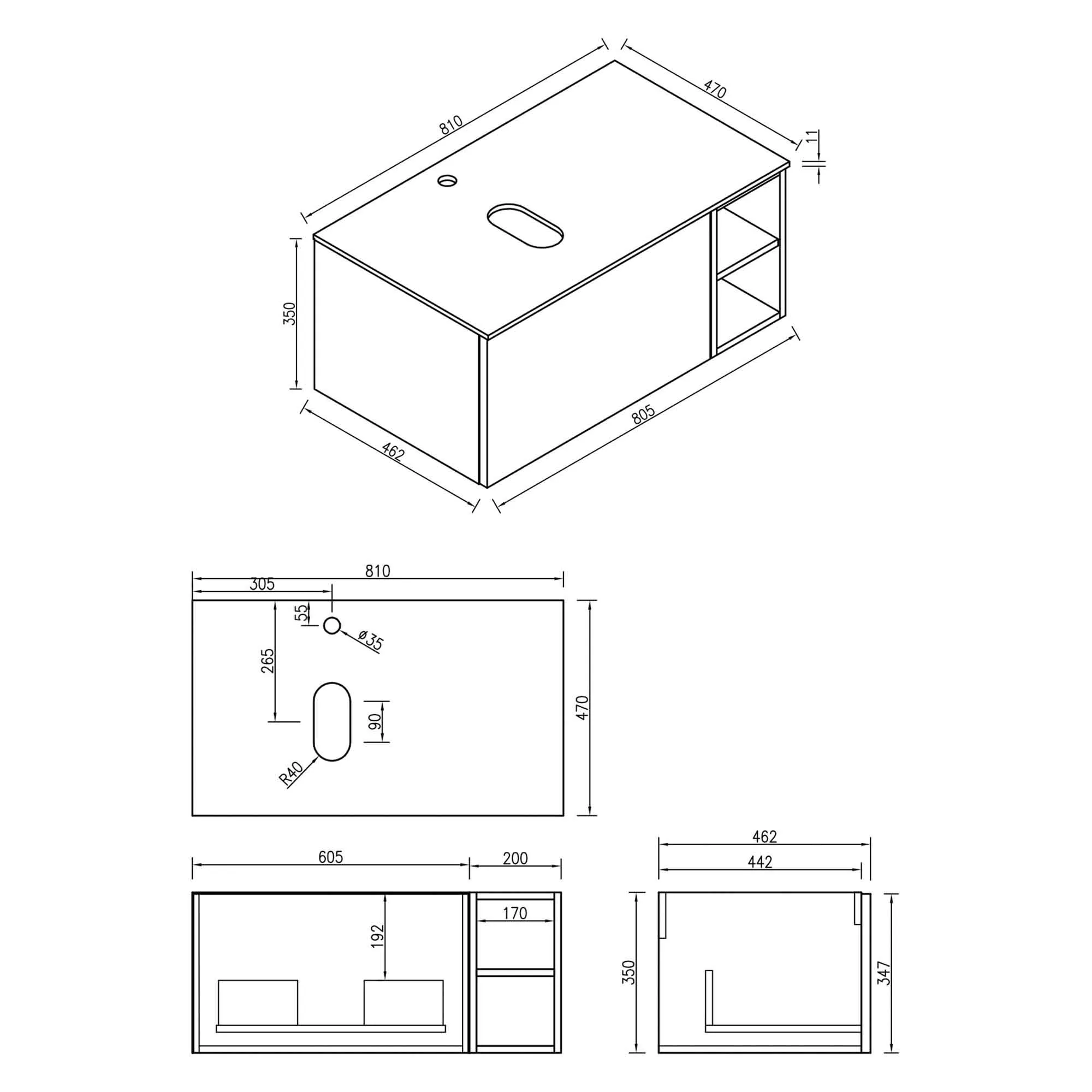 Florence Fluted 800 Wall Mounted Vanity Unit With Worktop and Open Shelf - Midnight Shadow