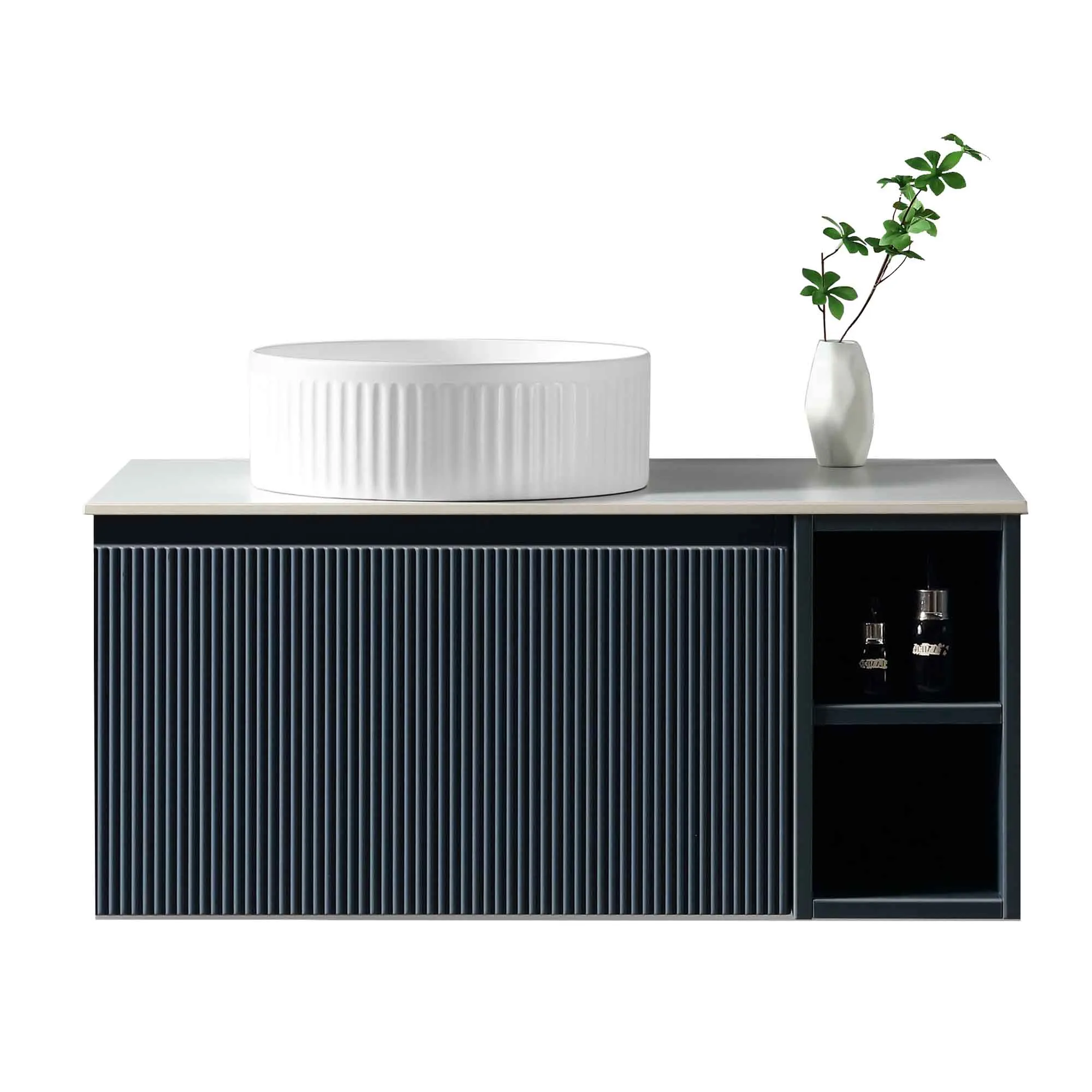Florence Fluted 800 Wall Mounted Vanity Unit With Worktop and Open Shelf - Midnight Shadow