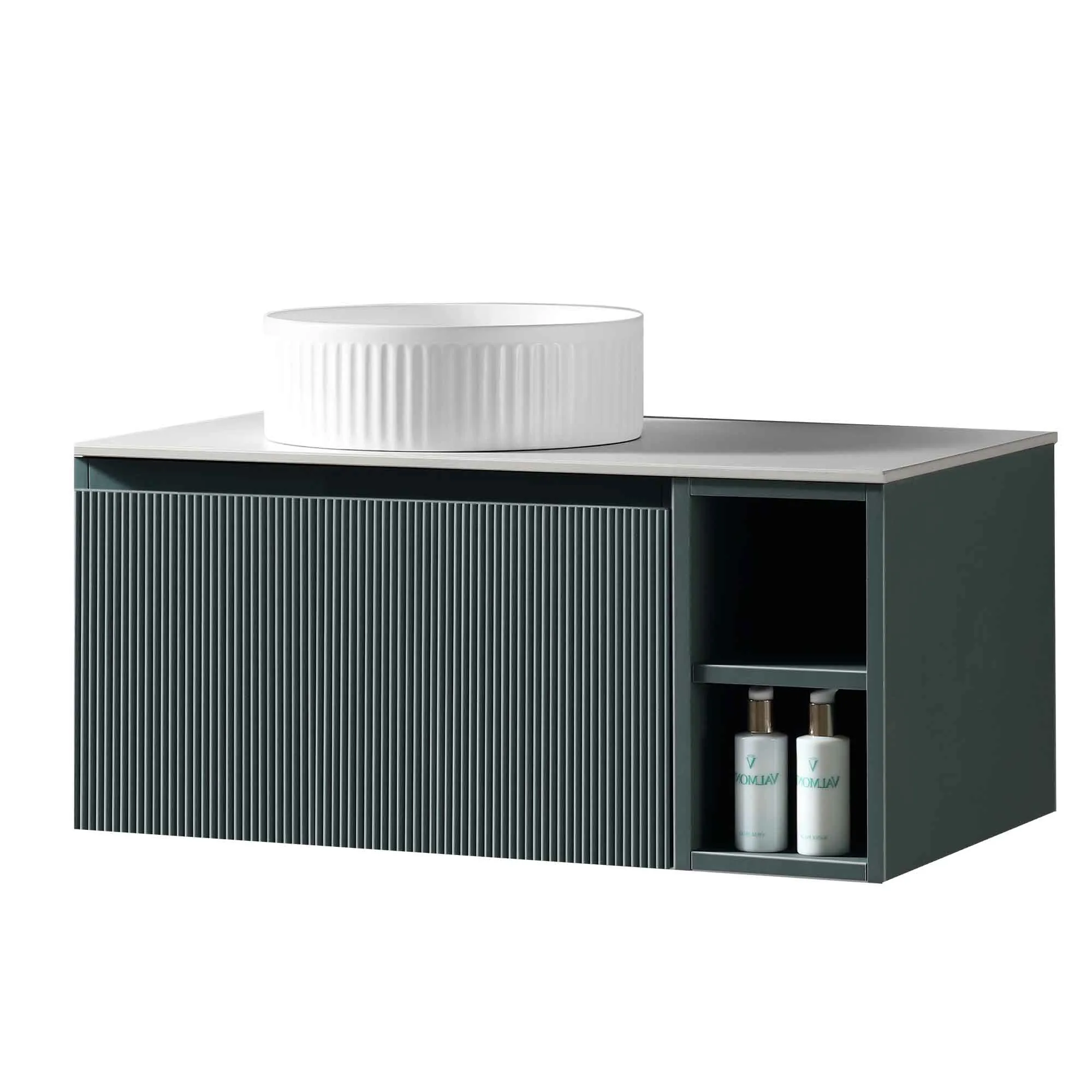 Florence Fluted 800 Wall Mounted Vanity Unit With Worktop and Open Shelf - Smoked Sage