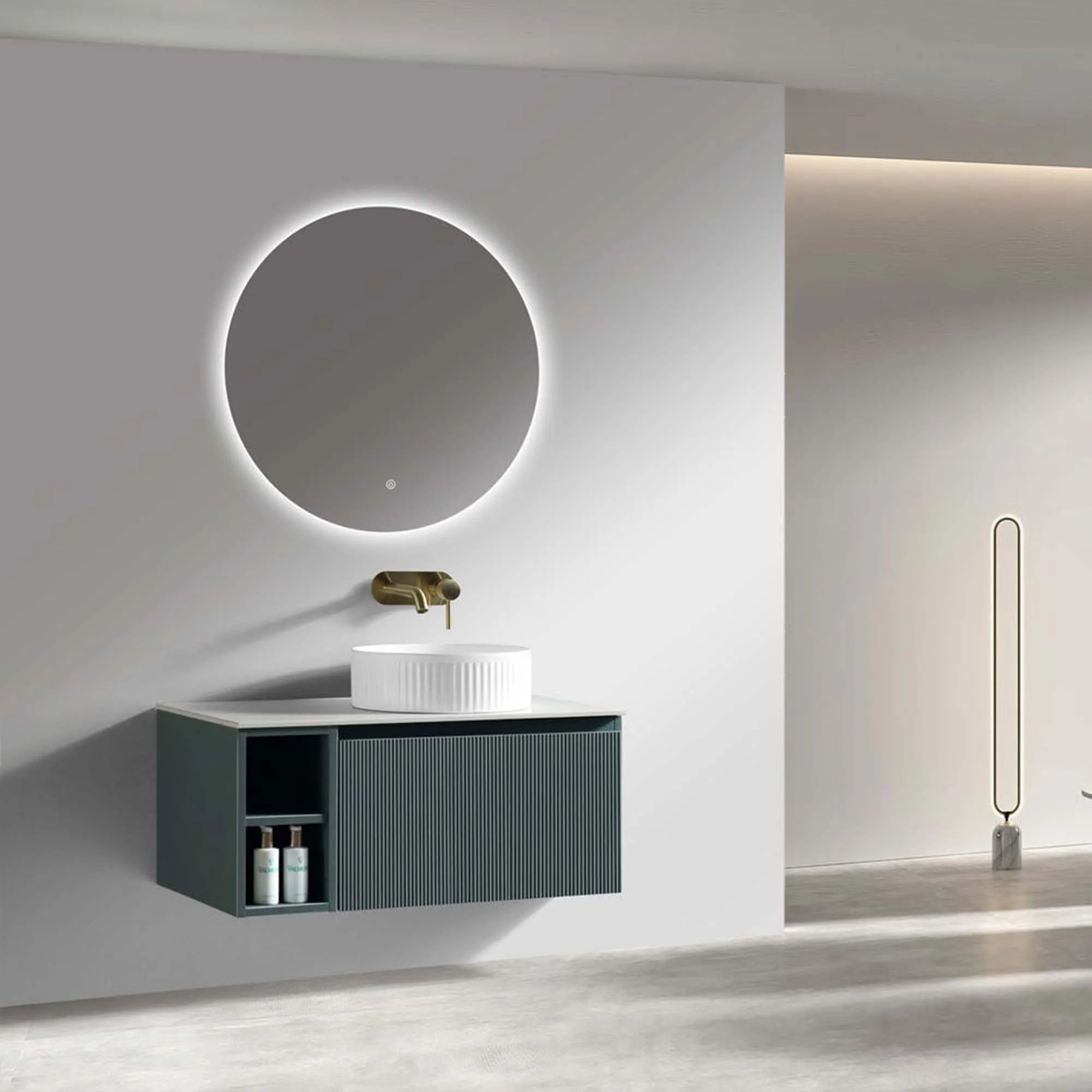 Florence Fluted 800 Wall Mounted Vanity Unit With Worktop and Open Shelf - Smoked Sage