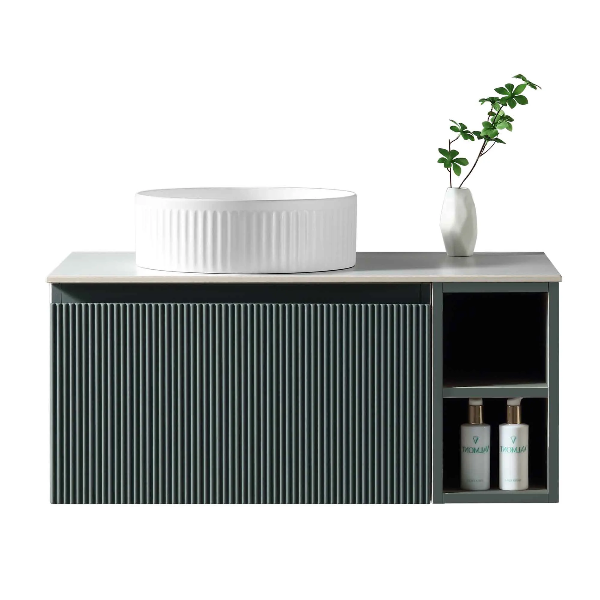 Florence Fluted 800 Wall Mounted Vanity Unit With Worktop and Open Shelf - Smoked Sage