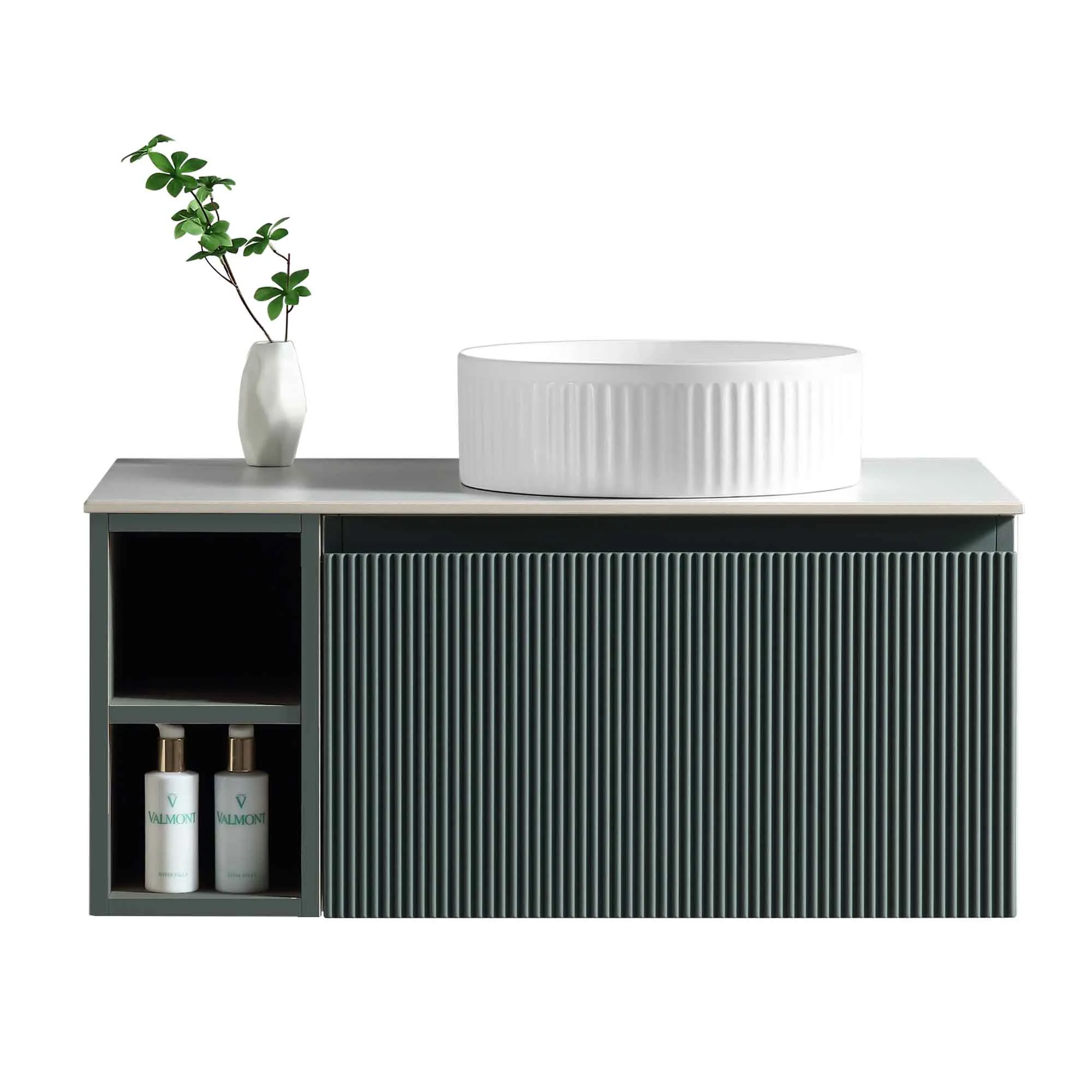Florence Fluted 800 Wall Mounted Vanity Unit With Worktop and Open Shelf - Smoked Sage