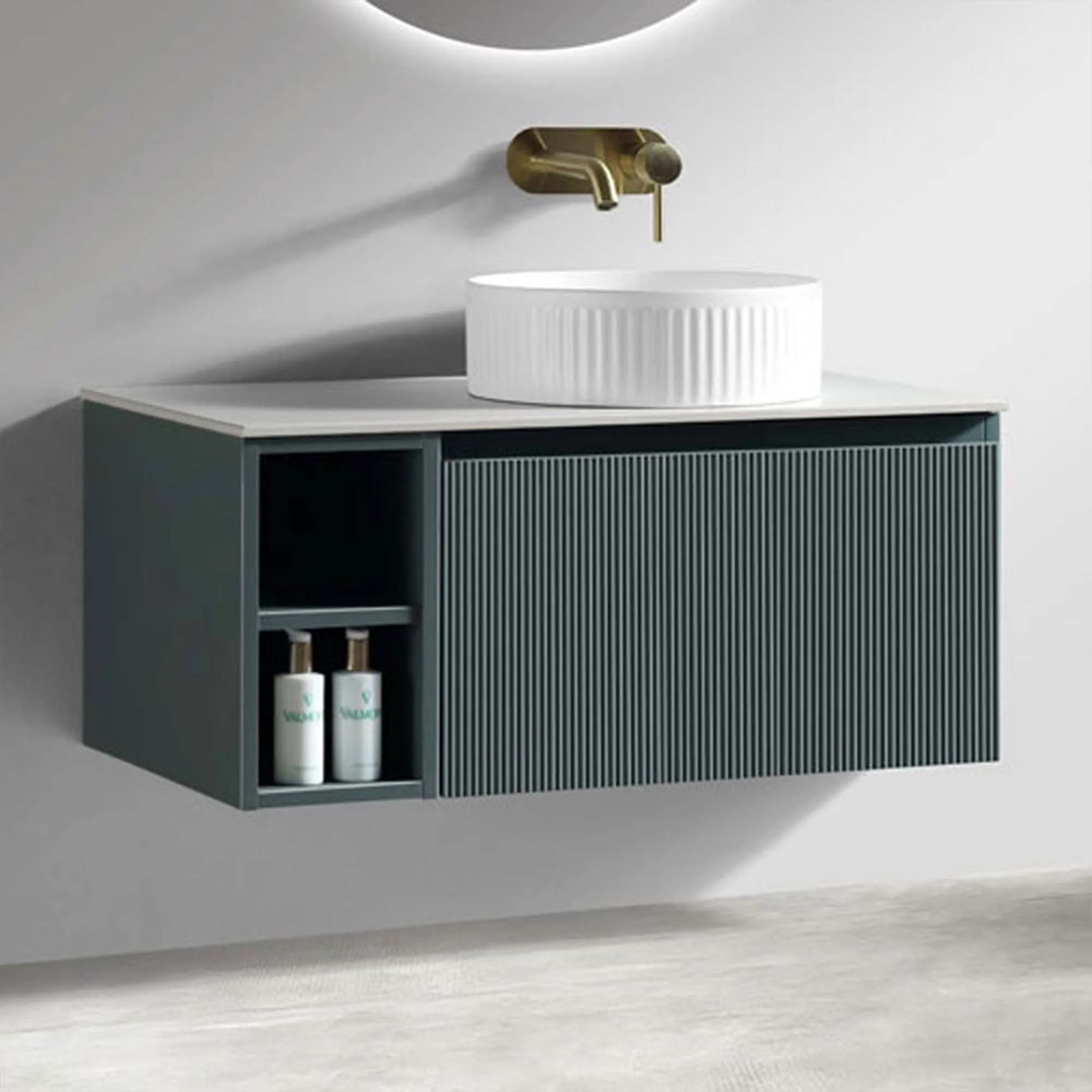 Florence Fluted 800 Wall Mounted Vanity Unit With Worktop and Open Shelf - Smoked Sage