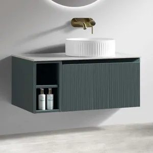 Florence Fluted 800 Wall Mounted Vanity Unit With Worktop and Open Shelf - Smoked Sage