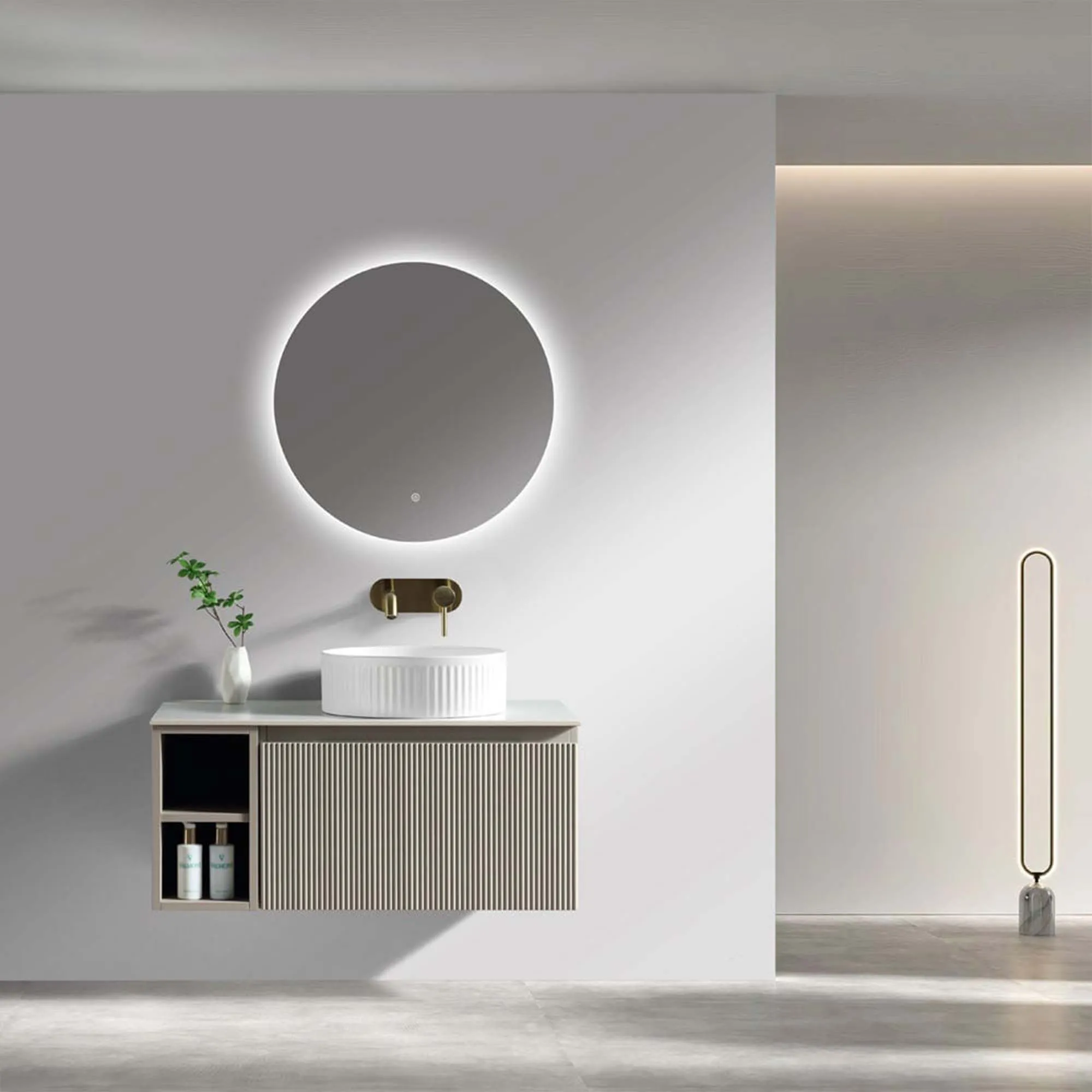 Florence Fluted 800 Wall Mounted Vanity Unit With Worktop and Open Shelf - Soft Coffee