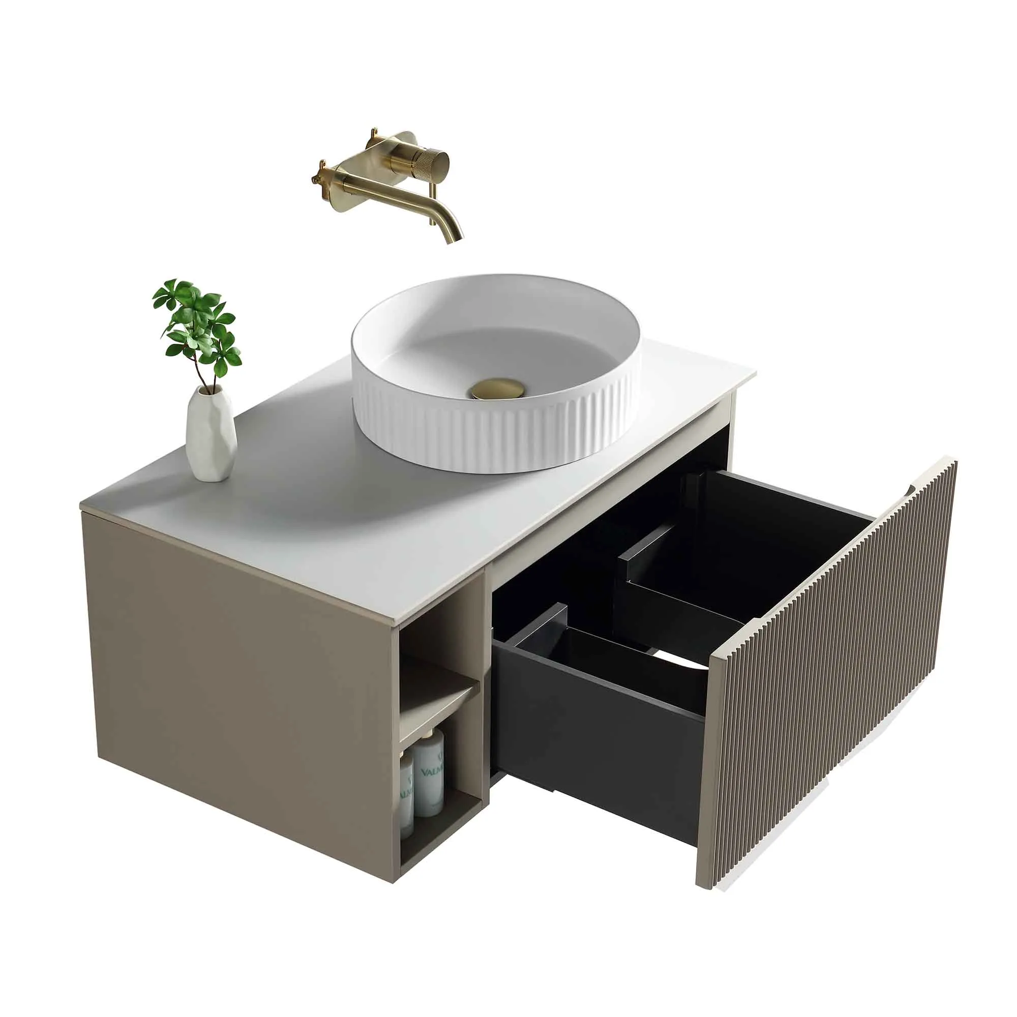 Florence Fluted 800 Wall Mounted Vanity Unit With Worktop and Open Shelf - Soft Coffee