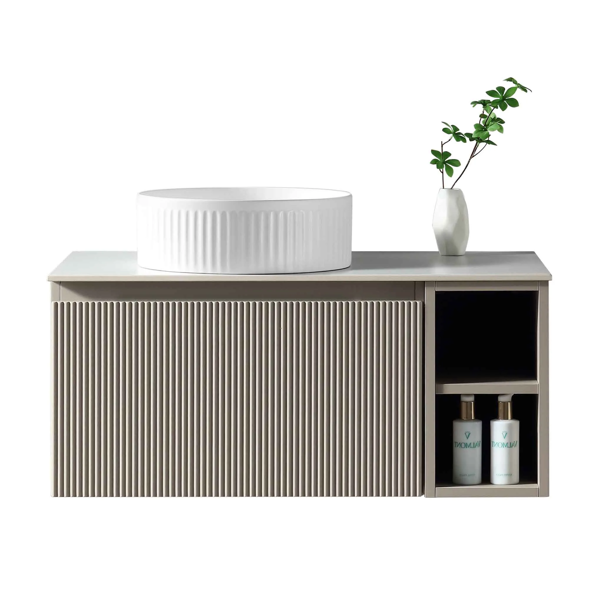 Florence Fluted 800 Wall Mounted Vanity Unit With Worktop and Open Shelf - Soft Coffee