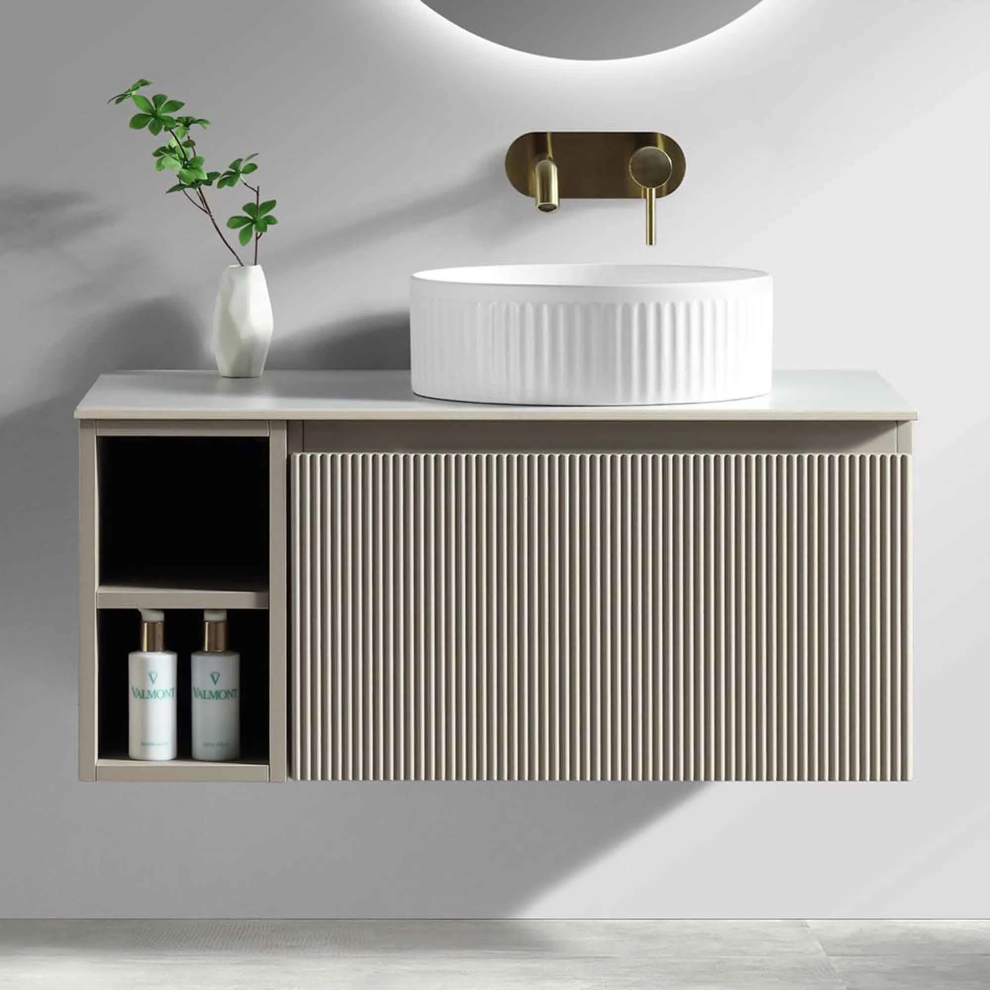 Florence Fluted 800 Wall Mounted Vanity Unit With Worktop and Open Shelf - Soft Coffee