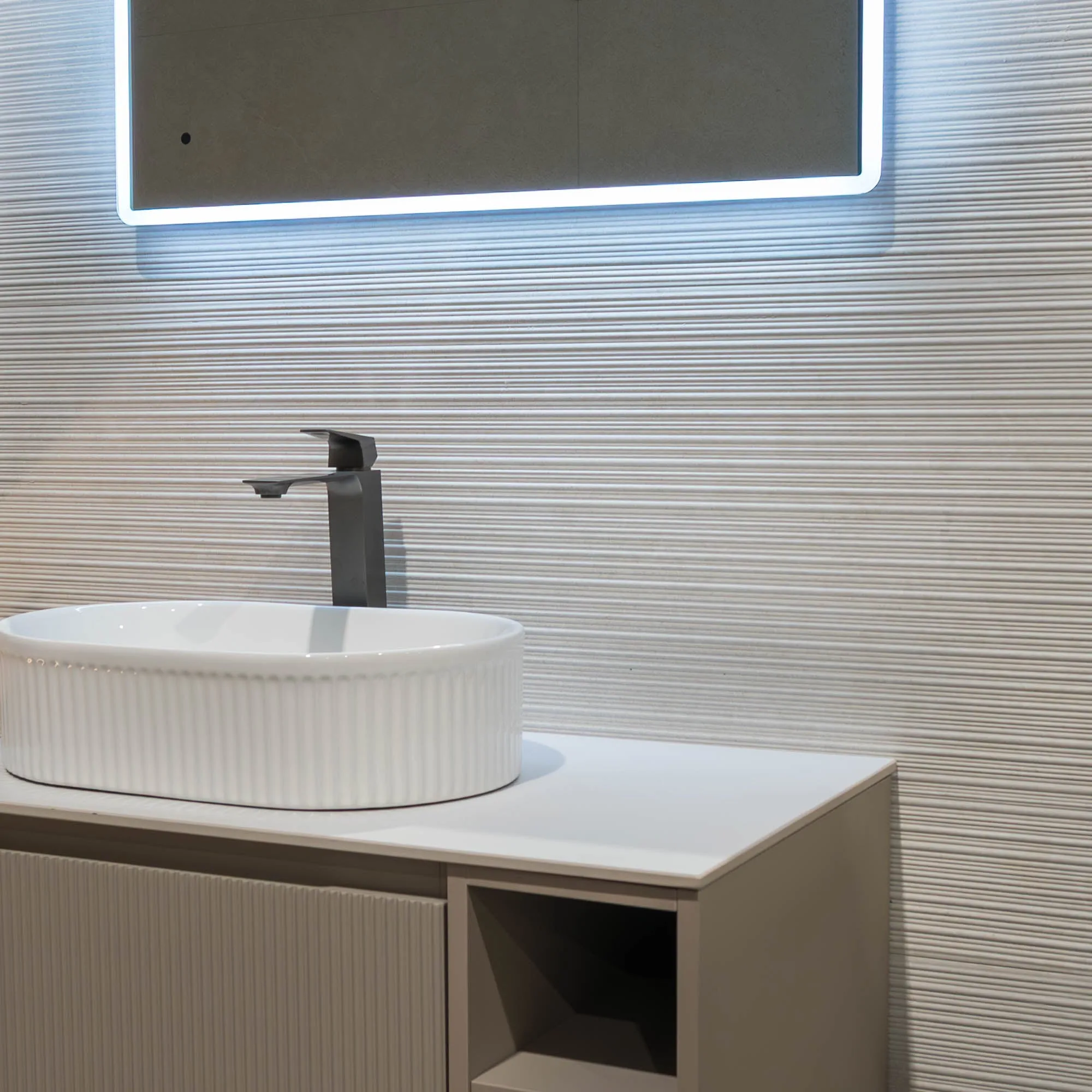 Florence Fluted 800 Wall Mounted Vanity Unit With Worktop and Open Shelf - Soft Coffee