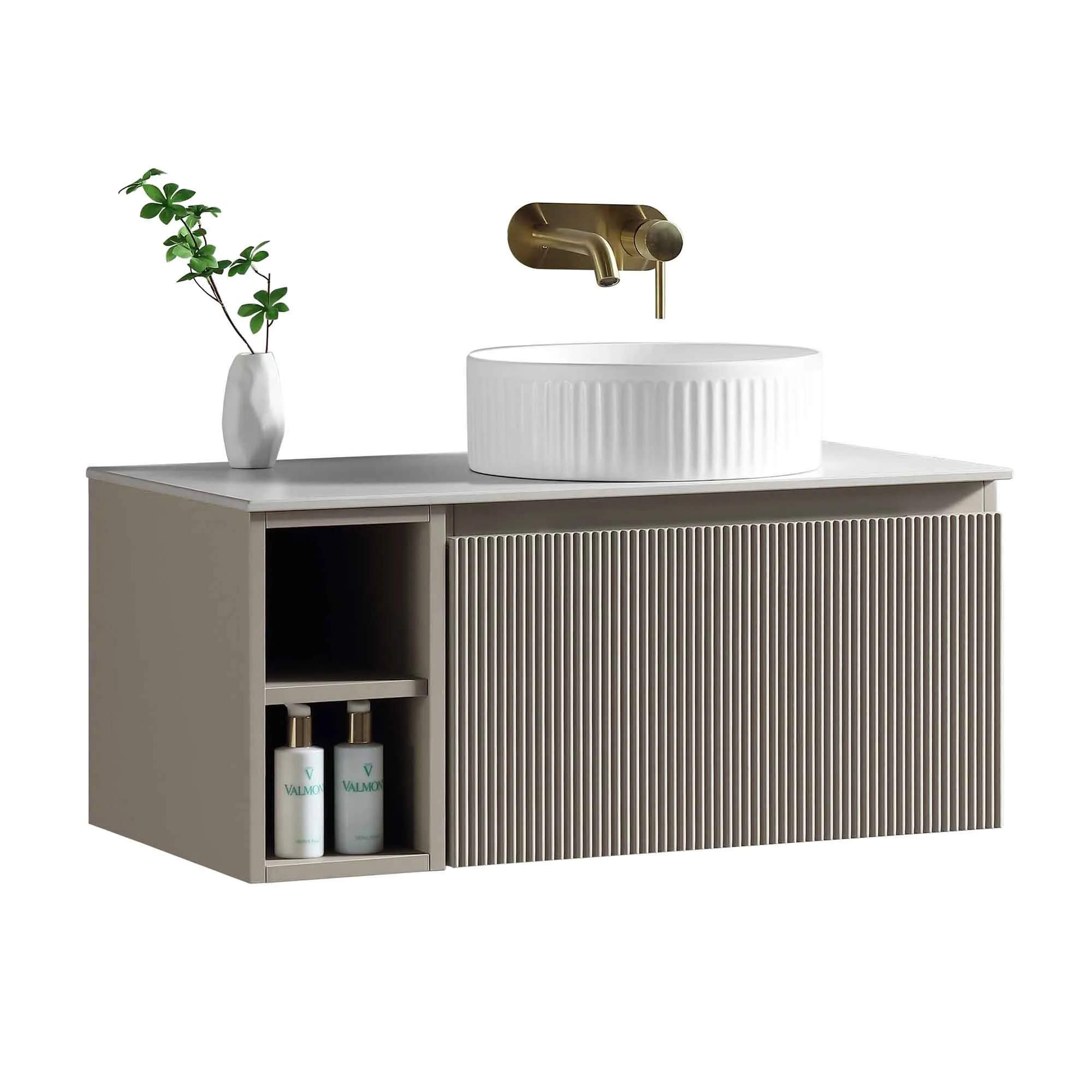 Florence Fluted 800 Wall Mounted Vanity Unit With Worktop and Open Shelf - Soft Coffee
