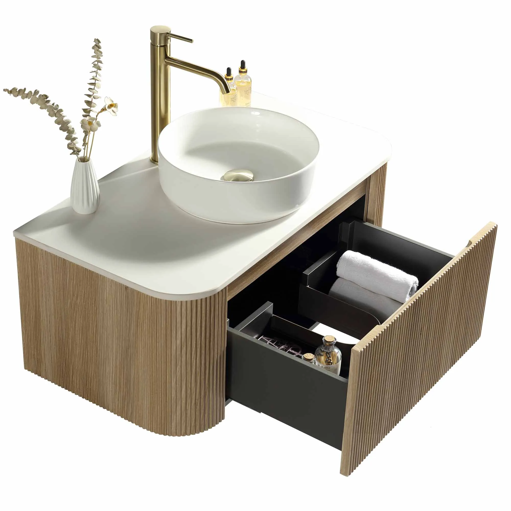 Florence Fluted 870 Curved Wall Mounted Vanity Unit With Worktop - Country Oak
