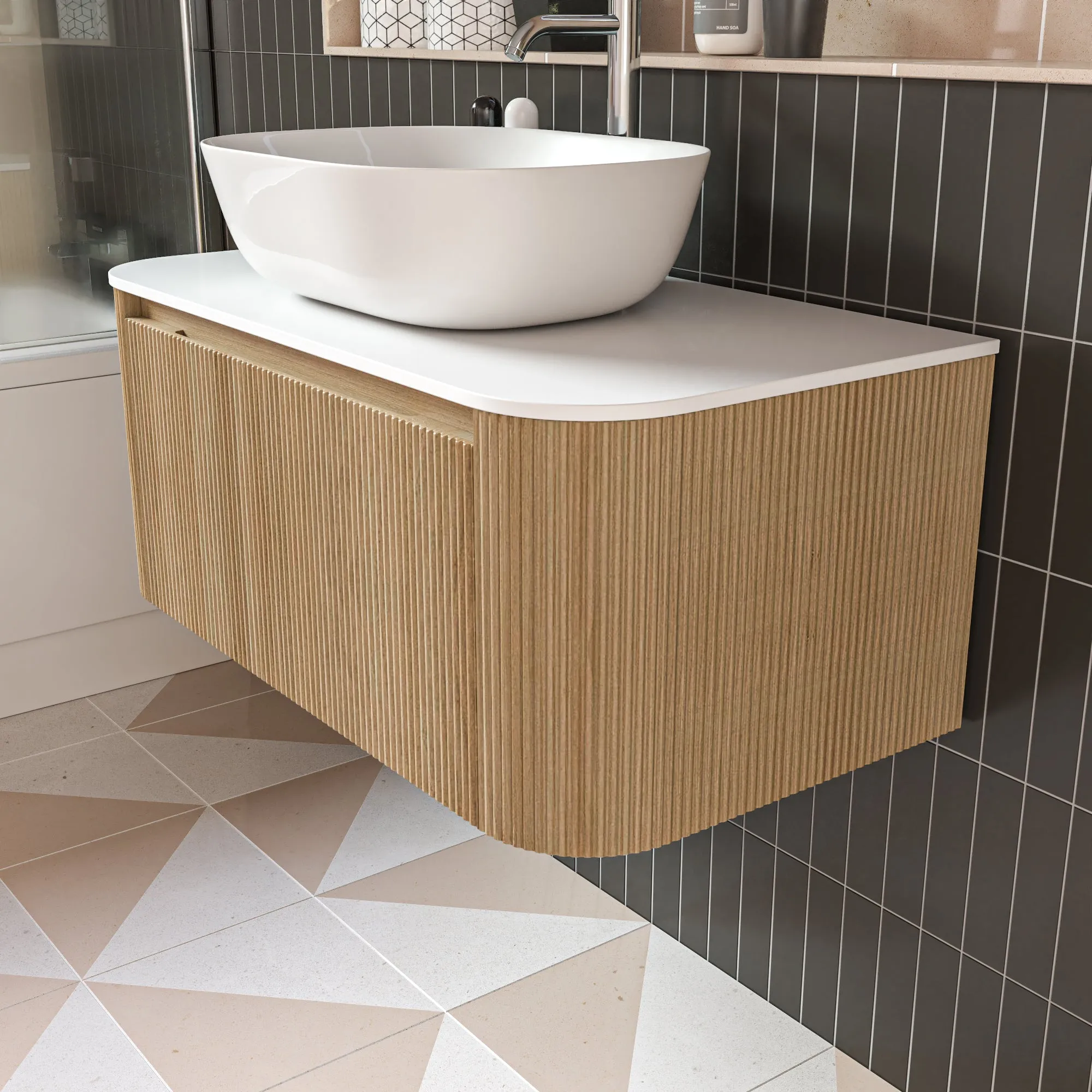 Florence Fluted 870 Curved Wall Mounted Vanity Unit With Worktop - Country Oak