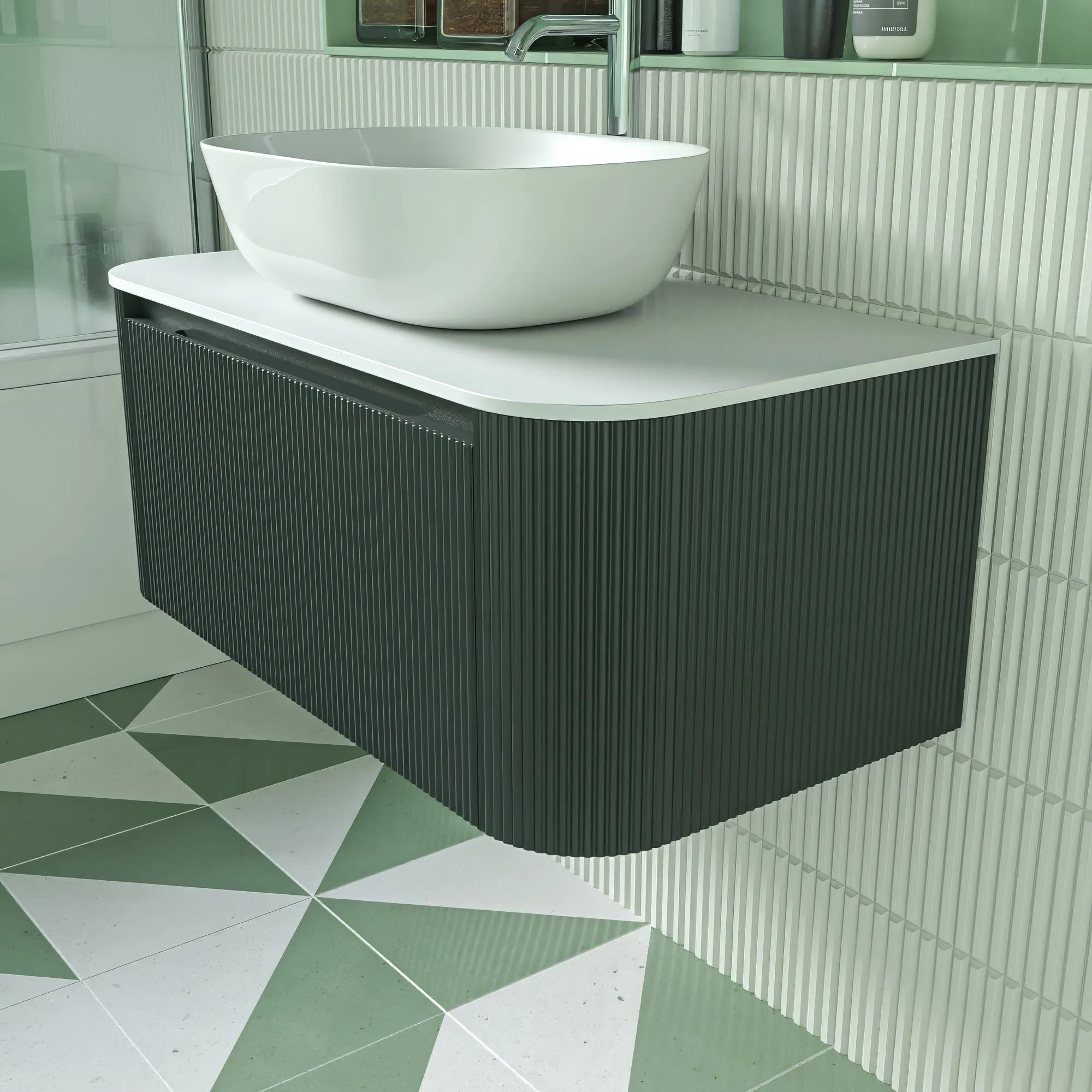 Florence Fluted 870 Curved Wall Mounted Vanity Unit With Worktop - Smoked Sage