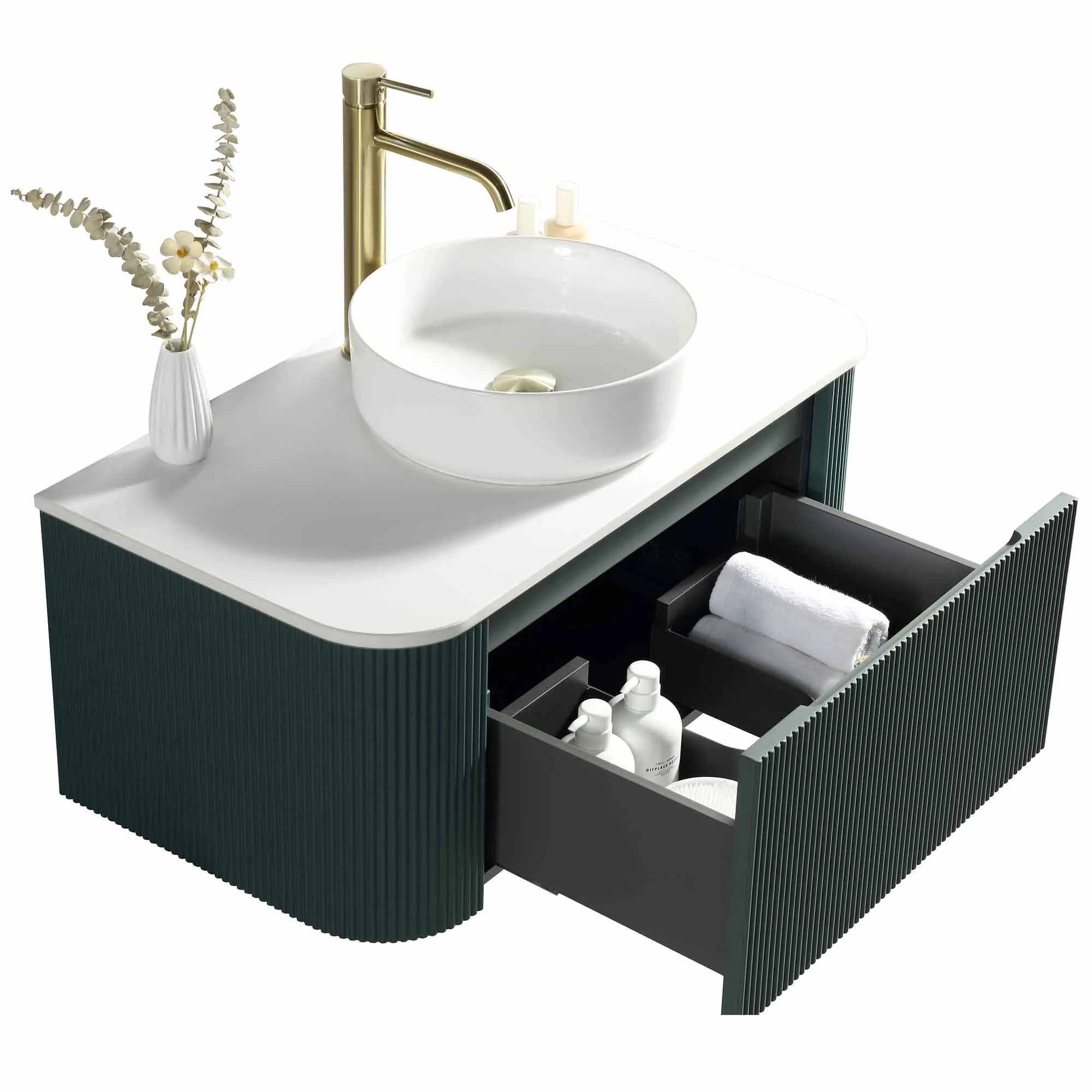 Florence Fluted 870 Curved Wall Mounted Vanity Unit With Worktop - Smoked Sage