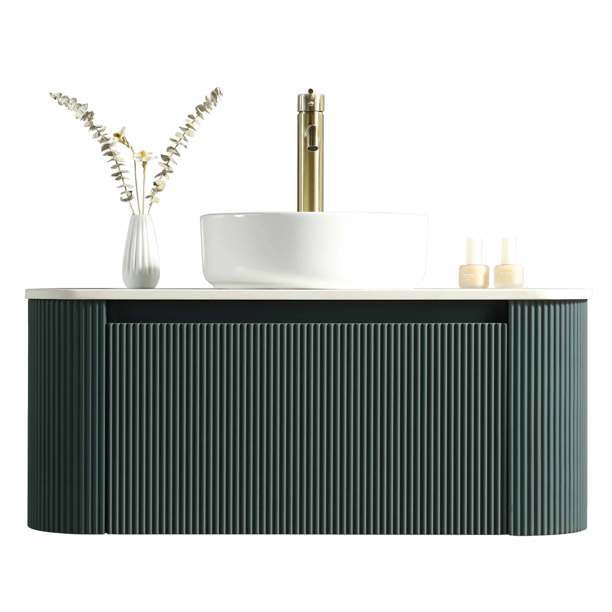 Florence Fluted 870 Curved Wall Mounted Vanity Unit With Worktop - Smoked Sage