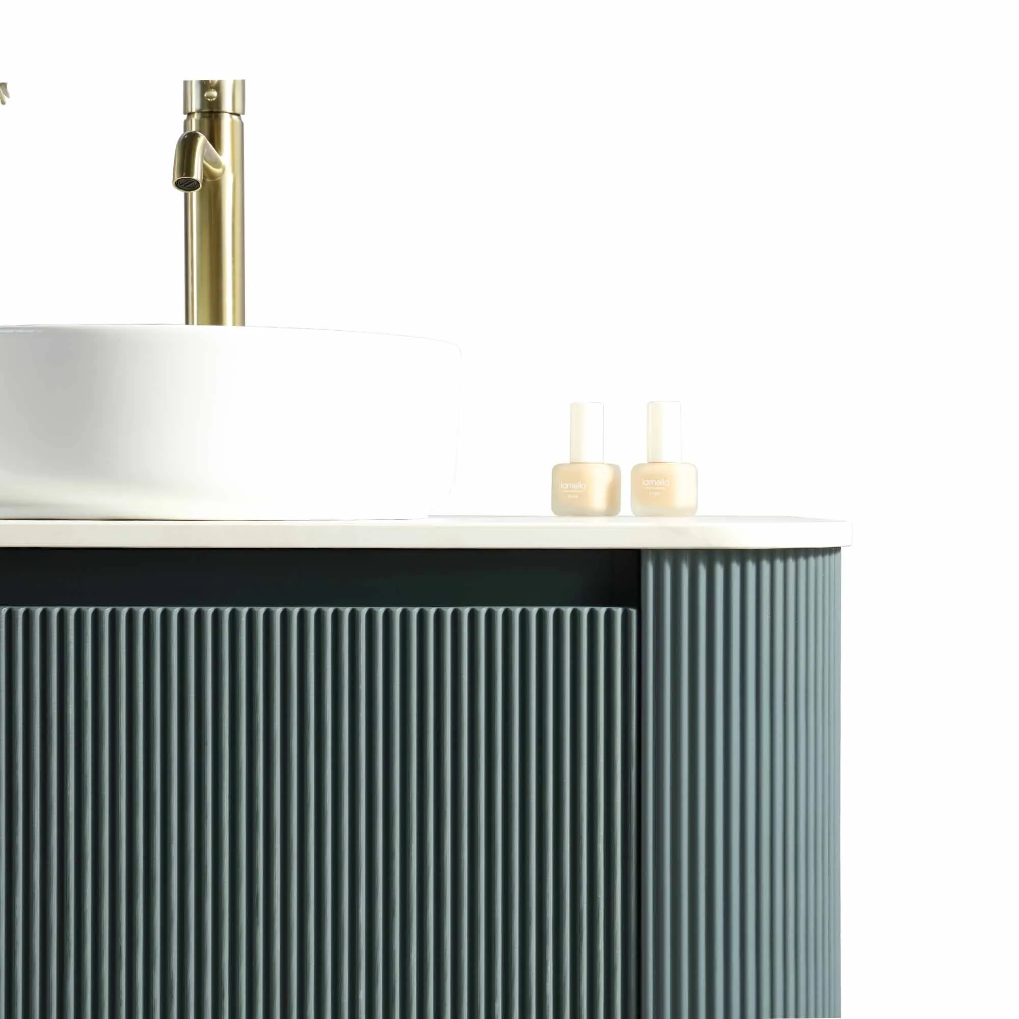 Florence Fluted 870 Curved Wall Mounted Vanity Unit With Worktop - Smoked Sage
