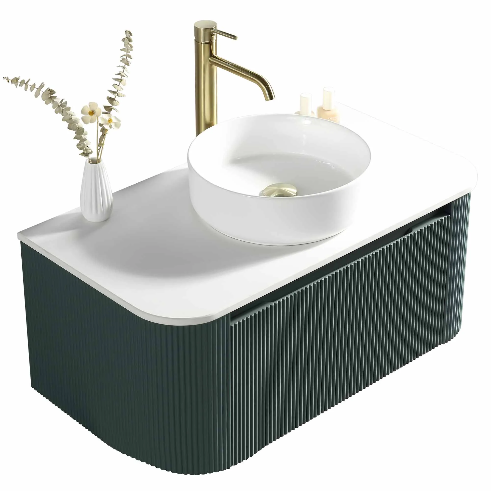 Florence Fluted 870 Curved Wall Mounted Vanity Unit With Worktop - Smoked Sage
