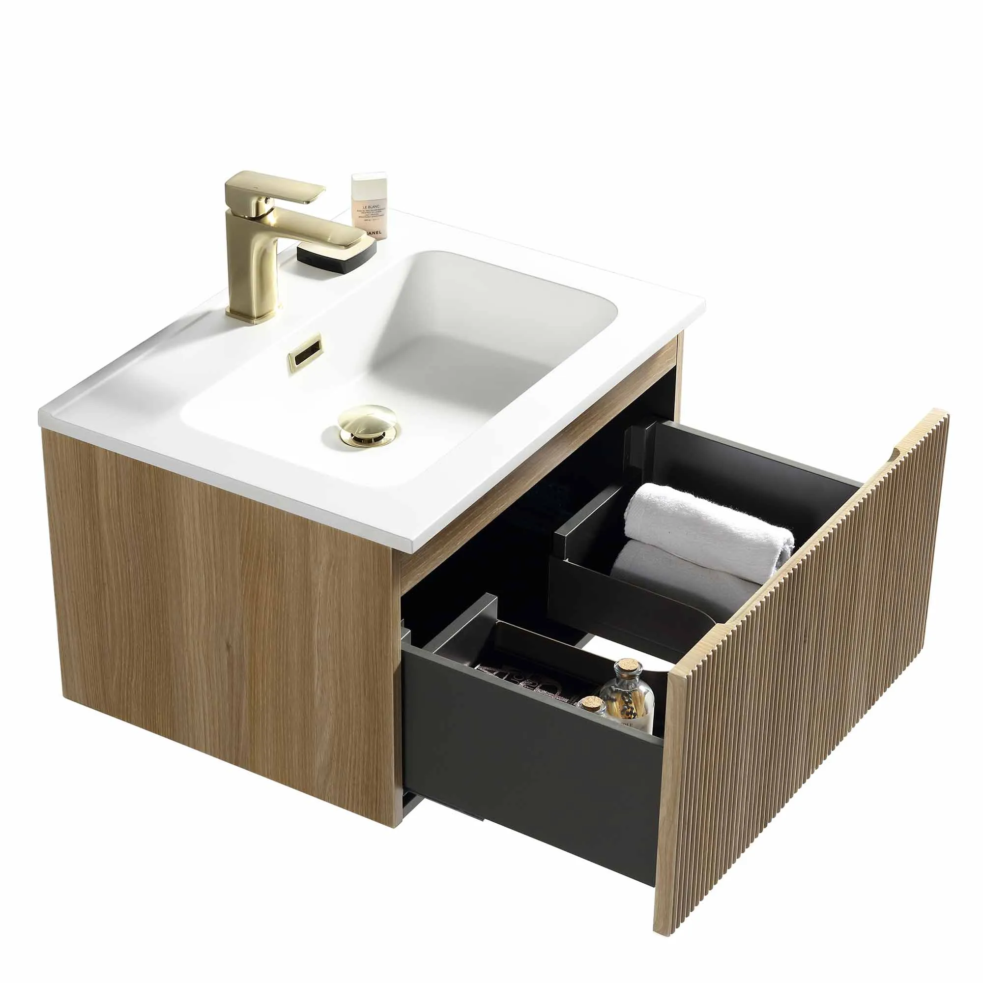 Florence Fluted Wall Mounted Vanity Unit With Washbasin - Country Oak