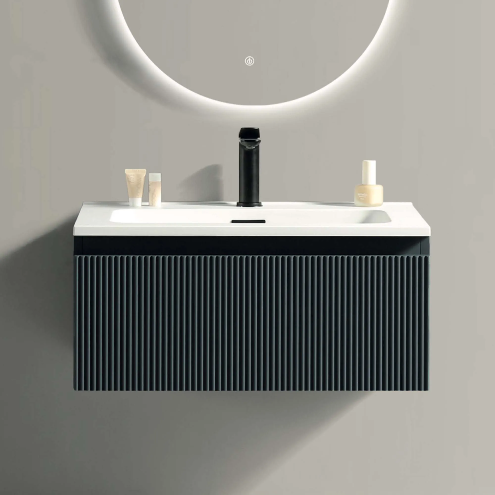 Florence Fluted Wall Mounted Vanity Unit With Washbasin - Midnight Shadow