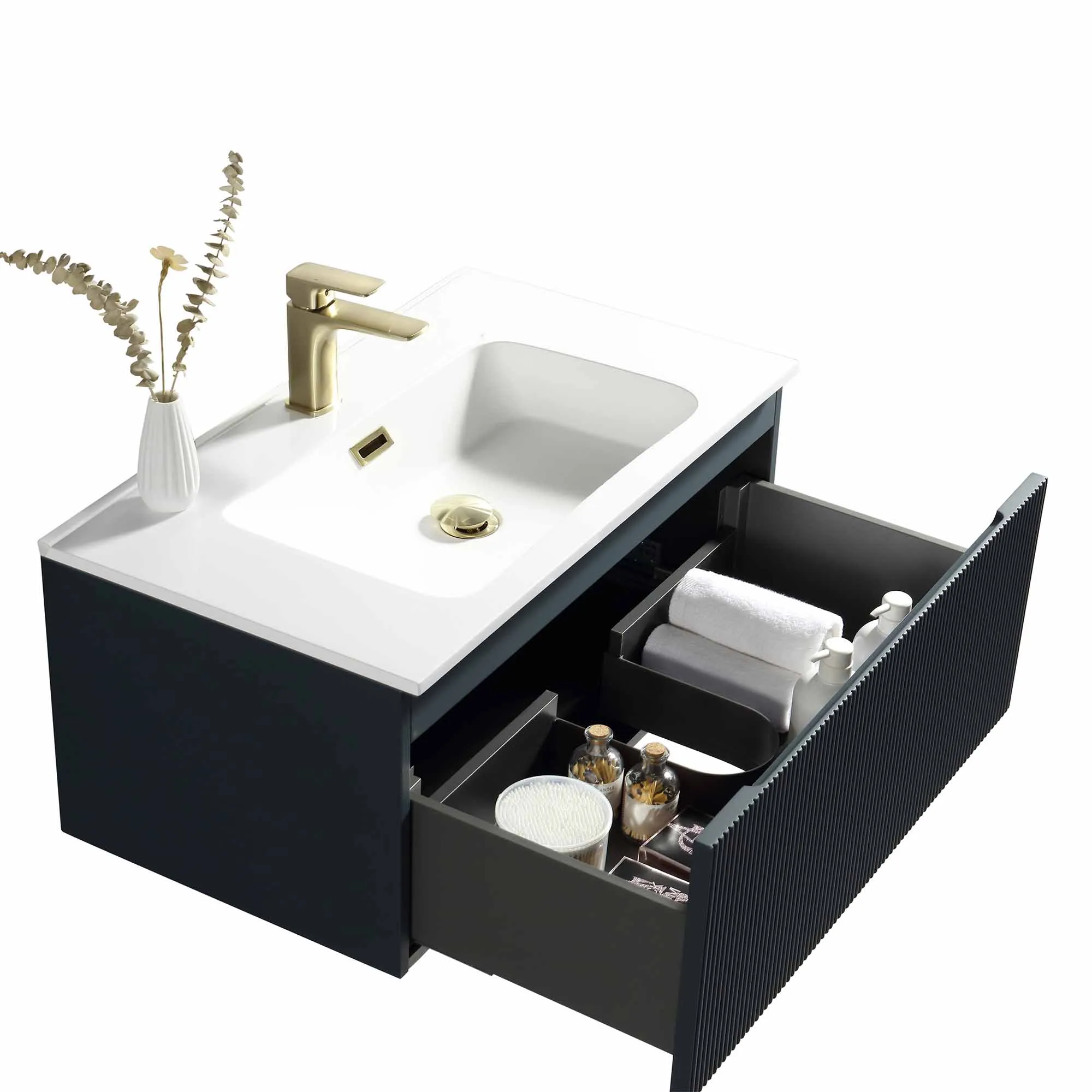 Florence Fluted Wall Mounted Vanity Unit With Washbasin - Midnight Shadow