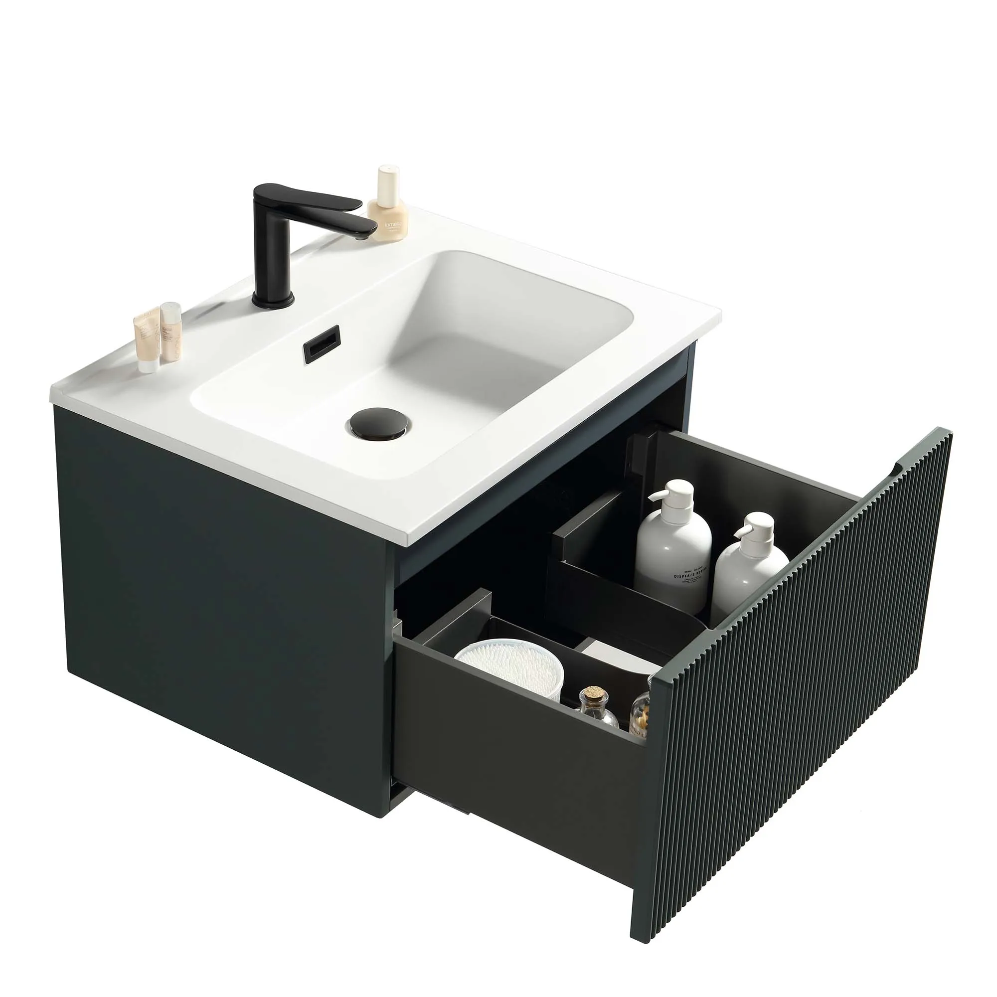 Florence Fluted Wall Mounted Vanity Unit With Washbasin - Smoked Sage