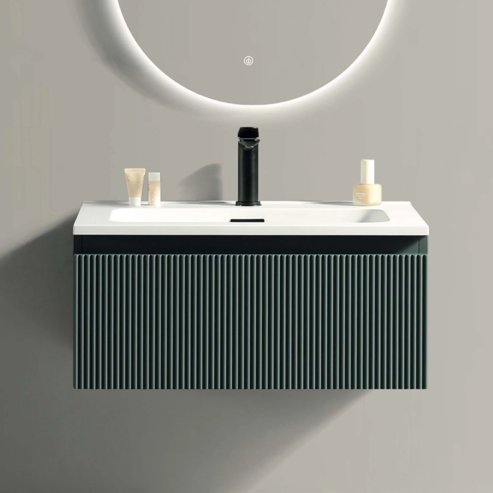 Florence Fluted Wall Mounted Vanity Unit With Washbasin - Smoked Sage