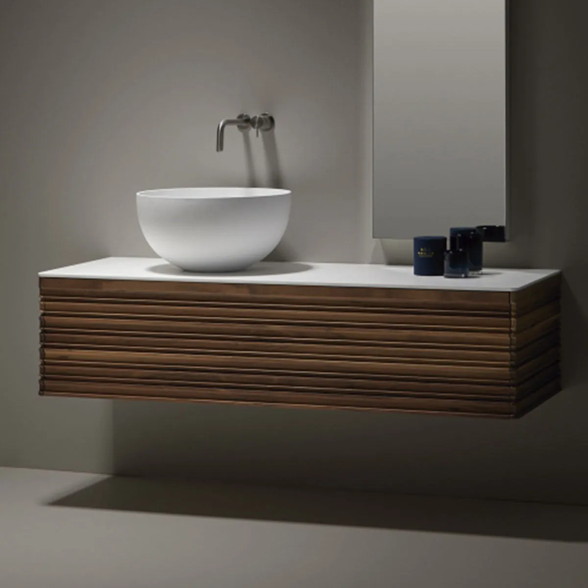 Gothenburg Walnut 1000 Wall Hung Vanity Unit With Solid Surface Worktop
