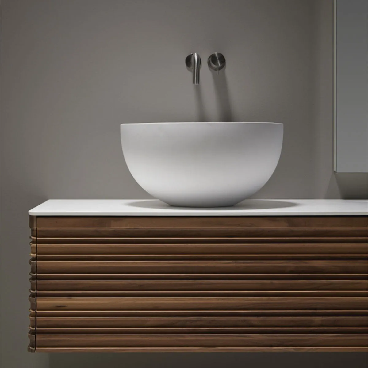 Gothenburg Walnut 1000 Wall Hung Vanity Unit With Solid Surface Worktop