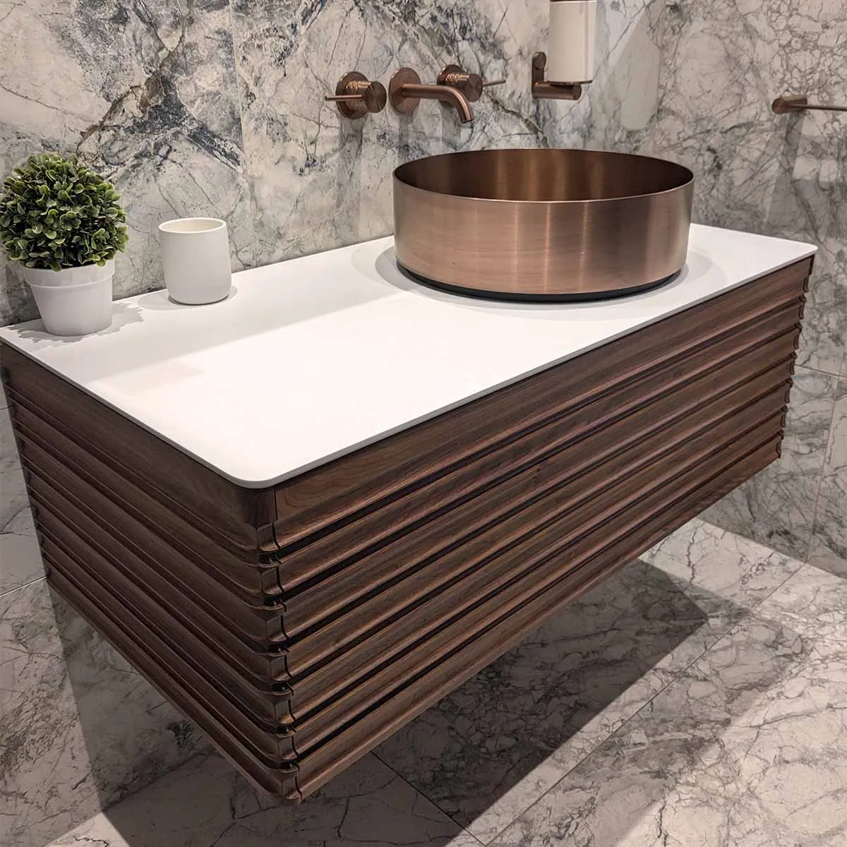 Gothenburg Walnut 1000 Wall Hung Vanity Unit With Solid Surface Worktop