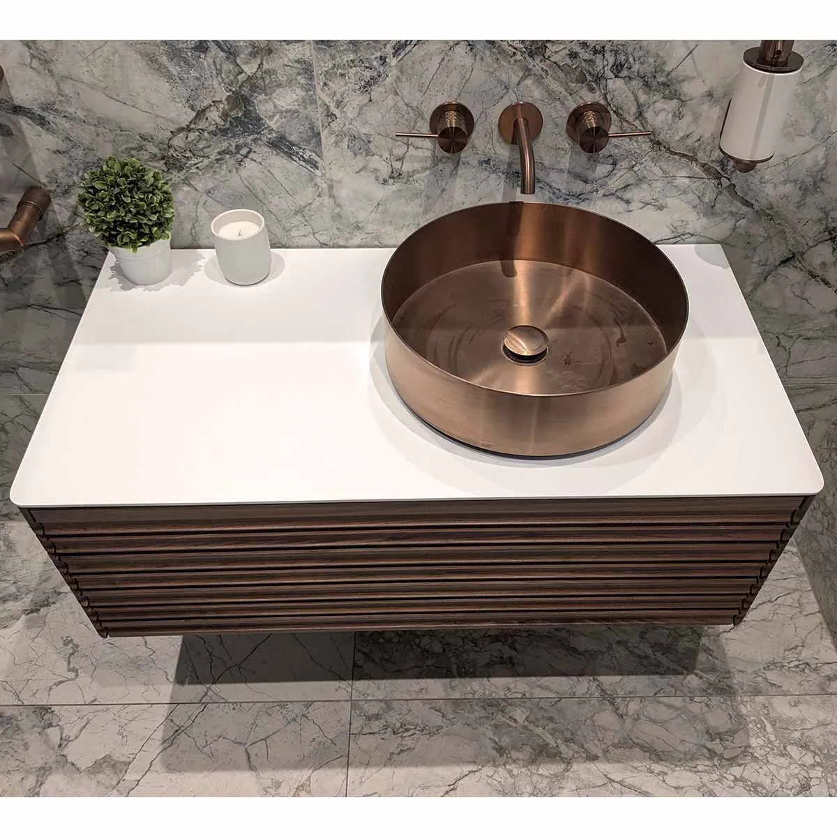 Gothenburg Walnut 1000 Wall Hung Vanity Unit With Solid Surface Worktop