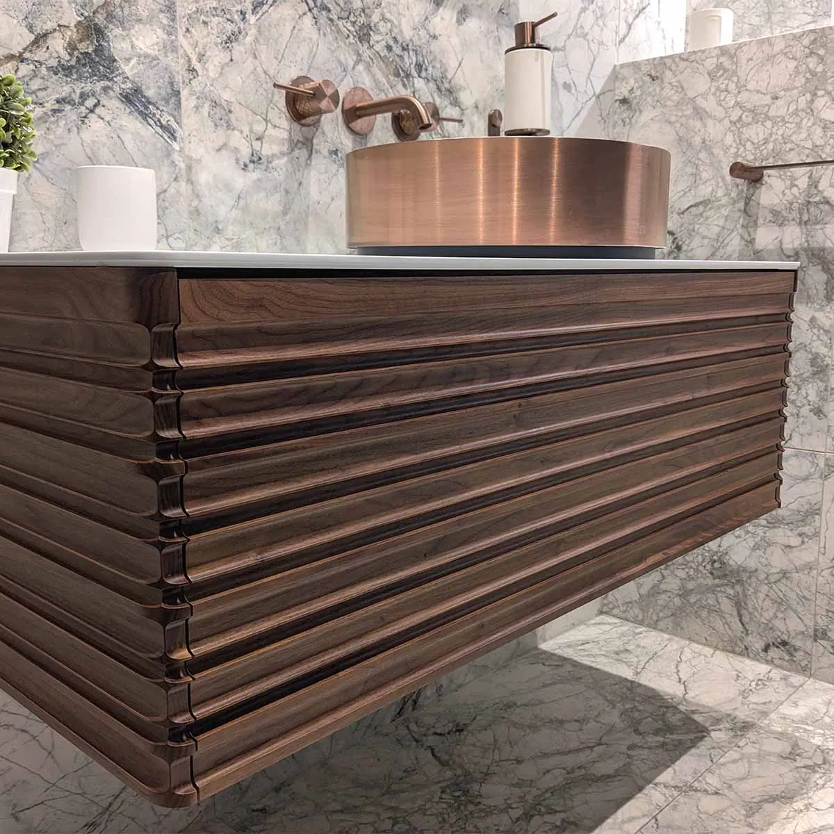 Gothenburg Walnut 1000 Wall Hung Vanity Unit With Solid Surface Worktop
