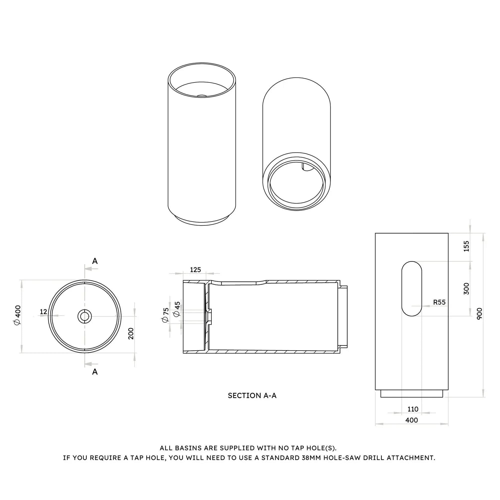 Granlusso Amalfi Cylinder Freestanding Stone Basin - Matt Grey