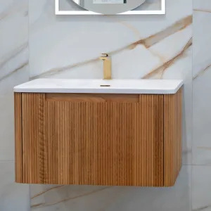 Granlusso Amalfi Oak Fluted Wall Mounted Vanity Unit With Solid Surface Washbasin