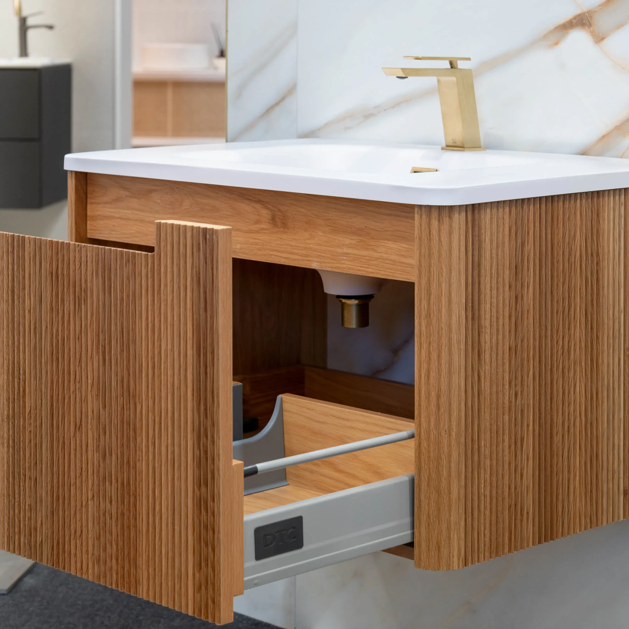 Granlusso Amalfi Oak Fluted Wall Mounted Vanity Unit With Solid Surface Washbasin