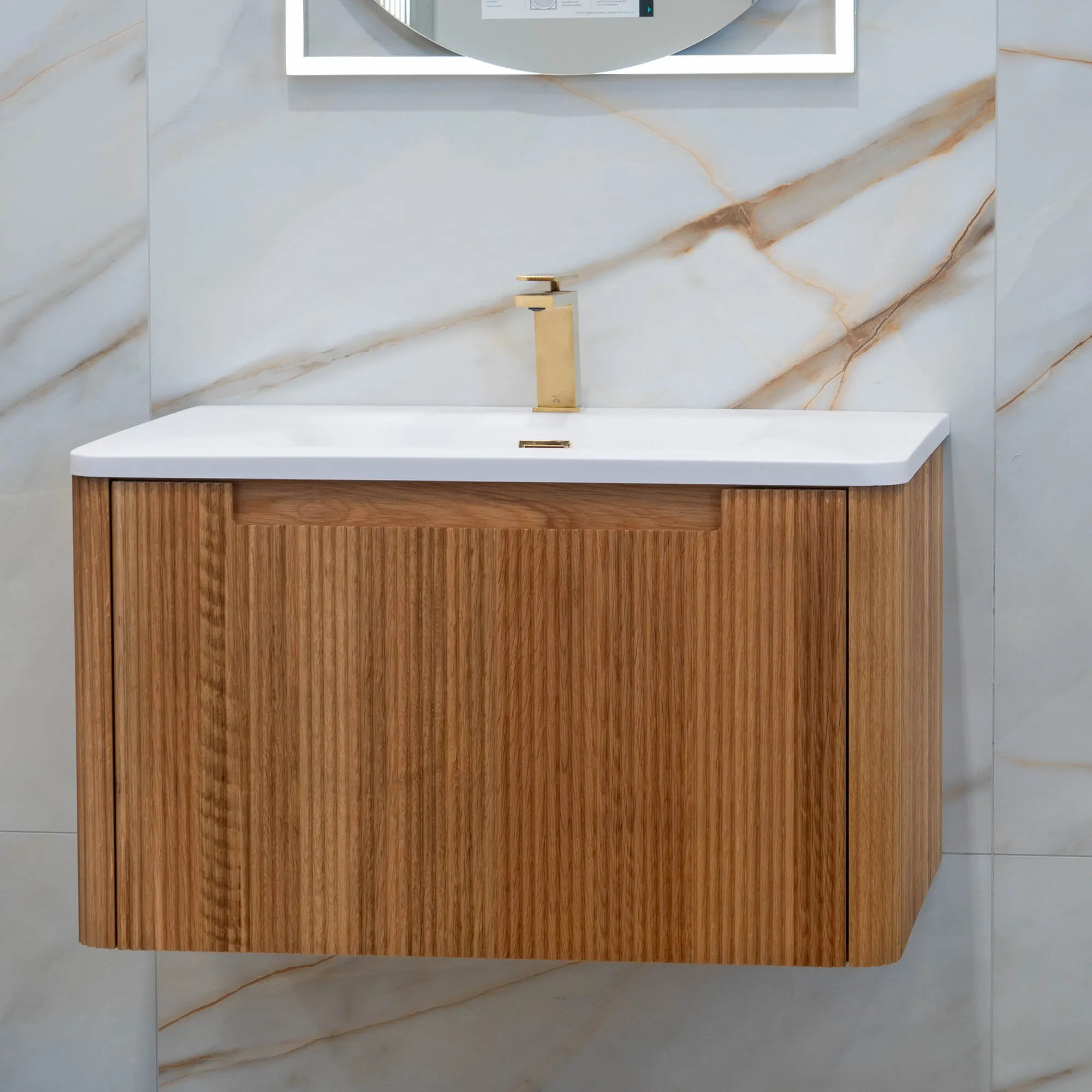 Granlusso Amalfi Oak Fluted Wall Mounted Vanity Unit With Solid Surface Washbasin