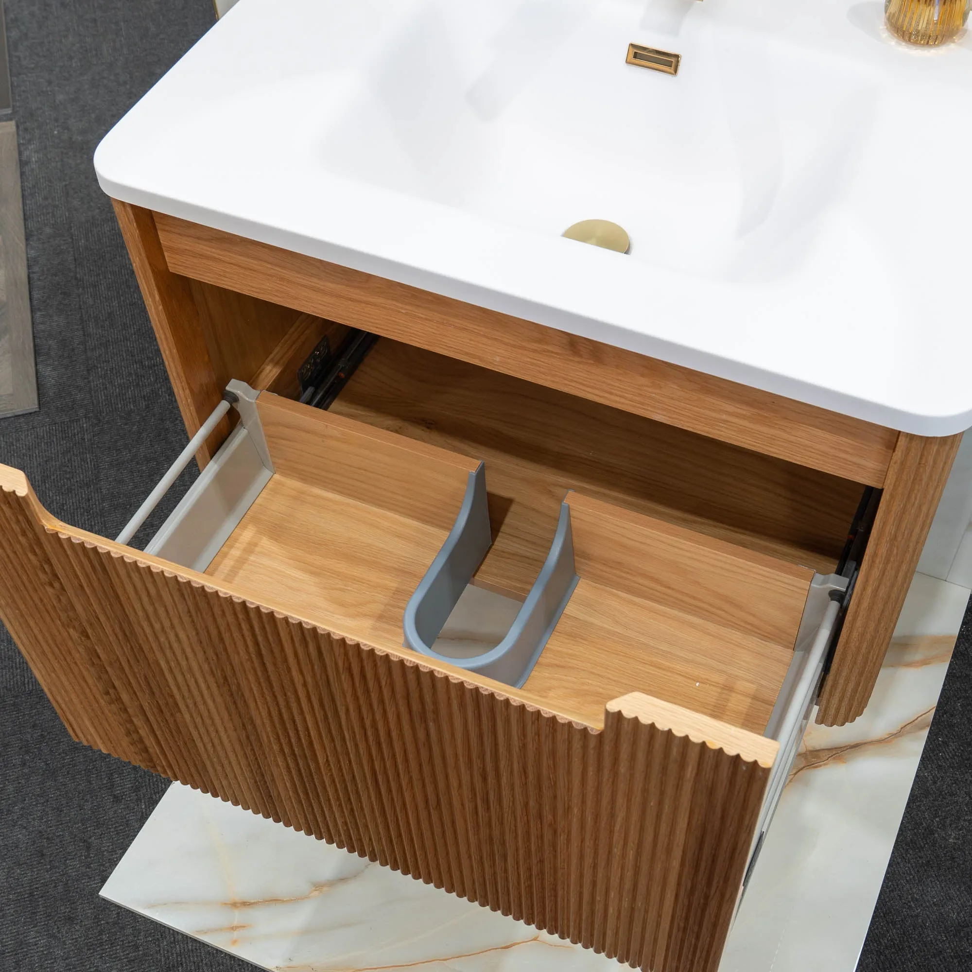 Granlusso Amalfi Oak Fluted Wall Mounted Vanity Unit With Solid Surface Washbasin