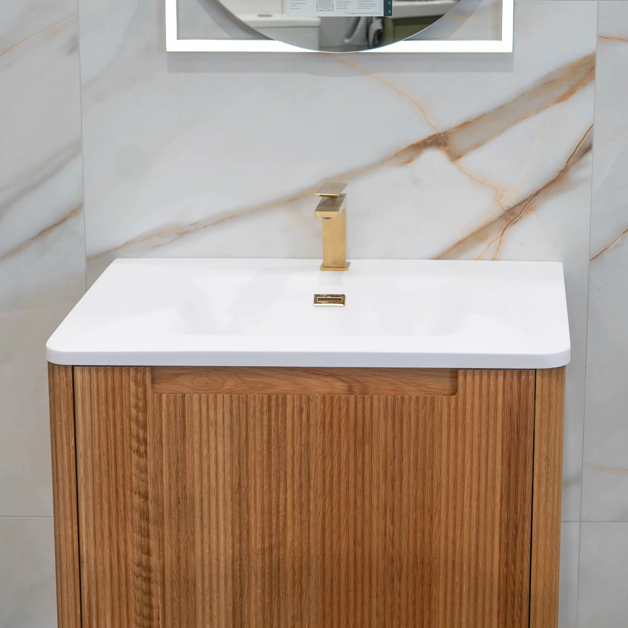 Granlusso Amalfi Oak Fluted Wall Mounted Vanity Unit With Solid Surface Washbasin