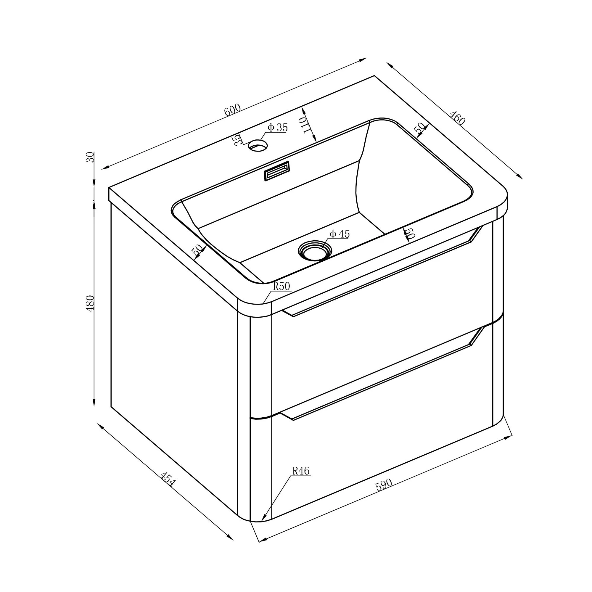 Granlusso Enzo Wall Mounted 2-Drawer Vanity Unit and Basin