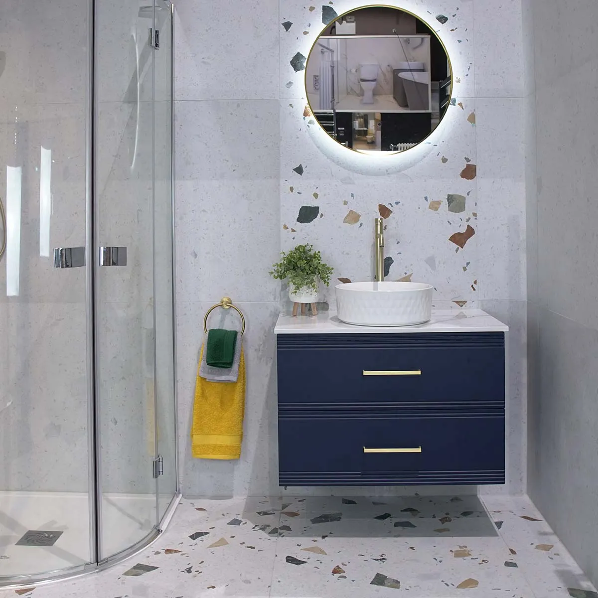 Granlusso Galleria Wall Mounted 2-Drawer Vanity Unit With Carrara Marble Effect Worktop - Atlantic Blue