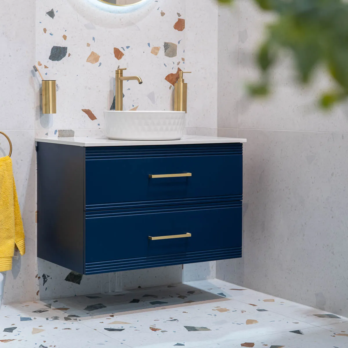 Granlusso Galleria Wall Mounted 2-Drawer Vanity Unit With Carrara Marble Effect Worktop - Atlantic Blue