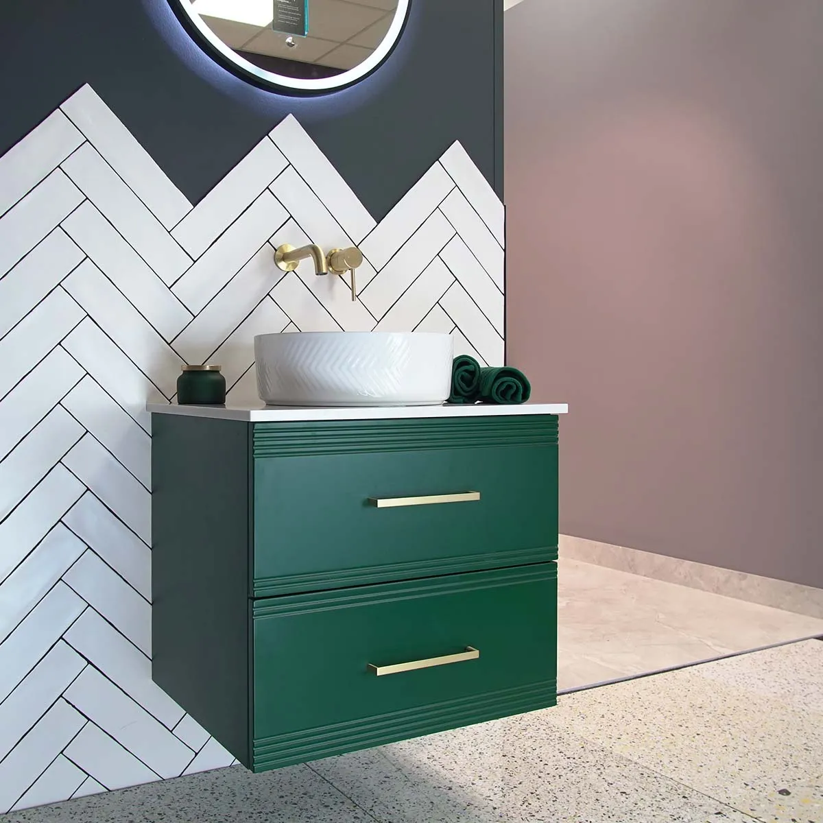 Granlusso Galleria Wall Mounted  2-Drawer Vanity Unit With Carrara Marble Effect Worktop - Deep Emerald