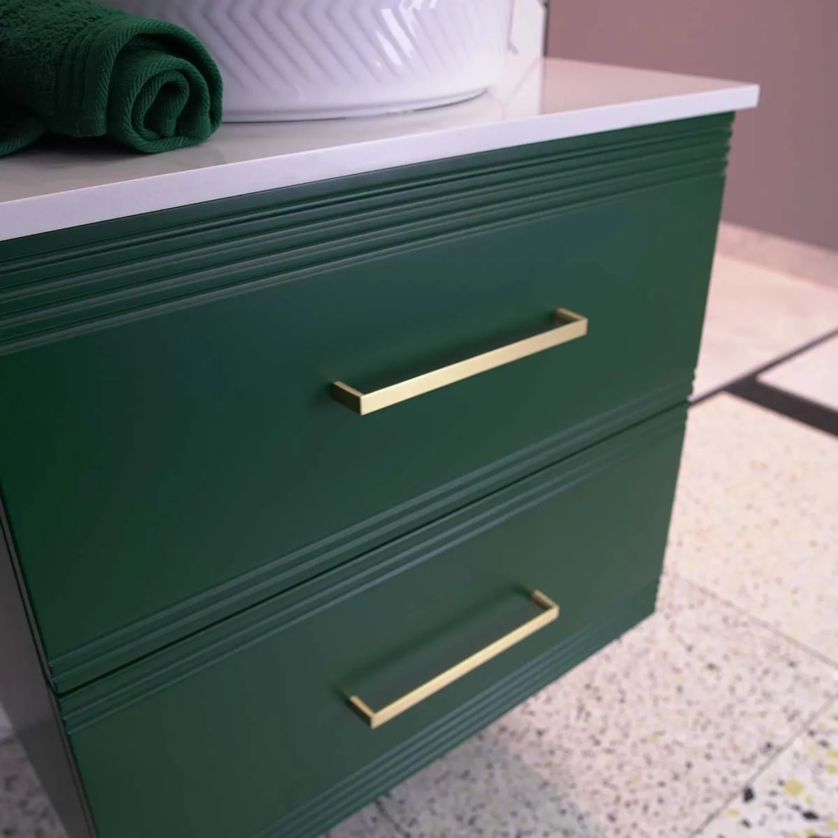 Granlusso Galleria Wall Mounted  2-Drawer Vanity Unit With Carrara Marble Effect Worktop - Deep Emerald